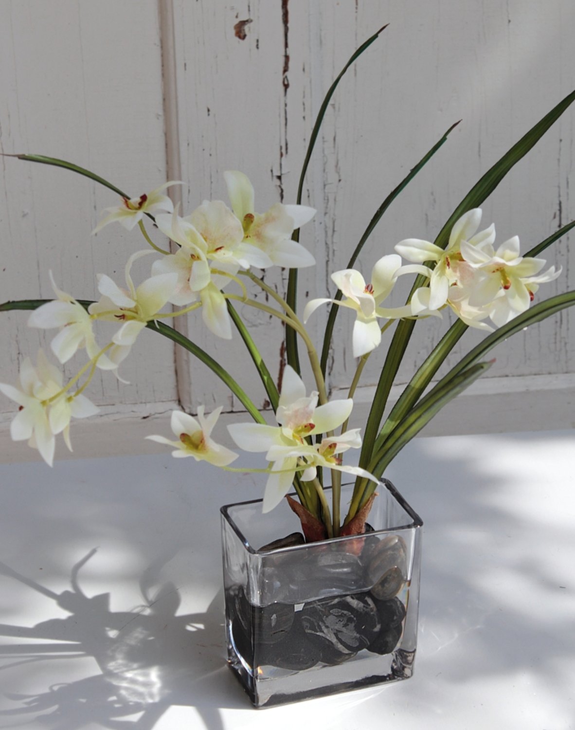 Fake orchid dendrobium in glass pot, 40 cm, real touch soft, white-green