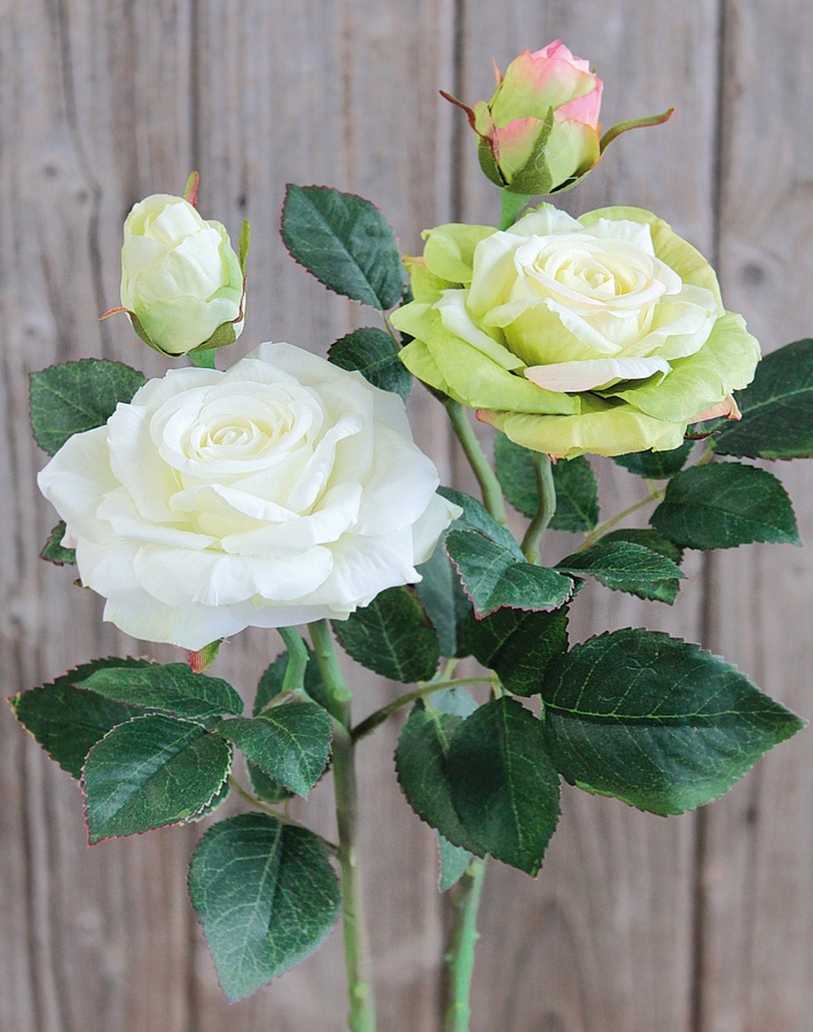 Silk rose, 1 flower, 1 bud, 37 cm, real touch soft, beige-green