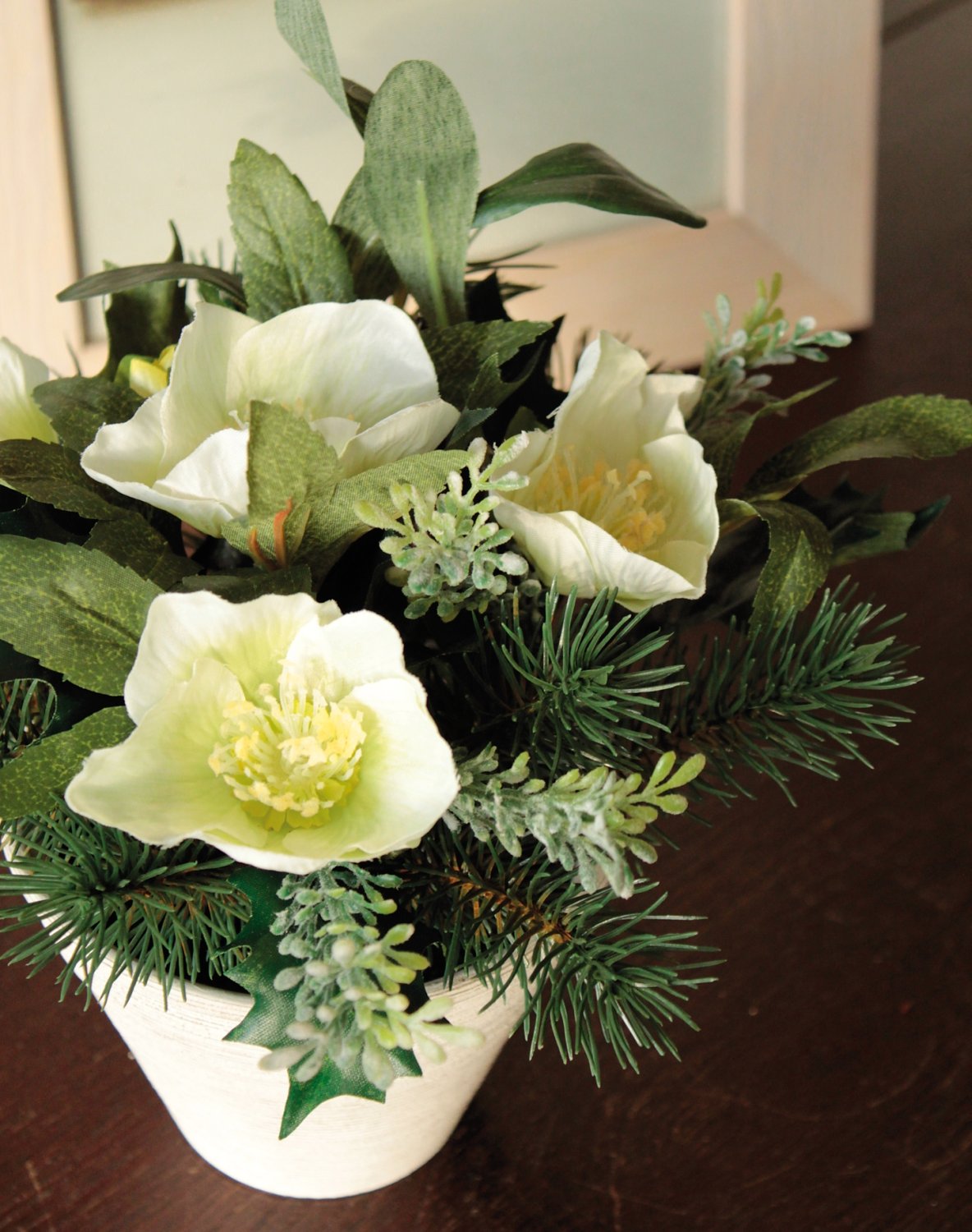 Artificial Christmas rose in pot, with fir, 20 cm, beige-white