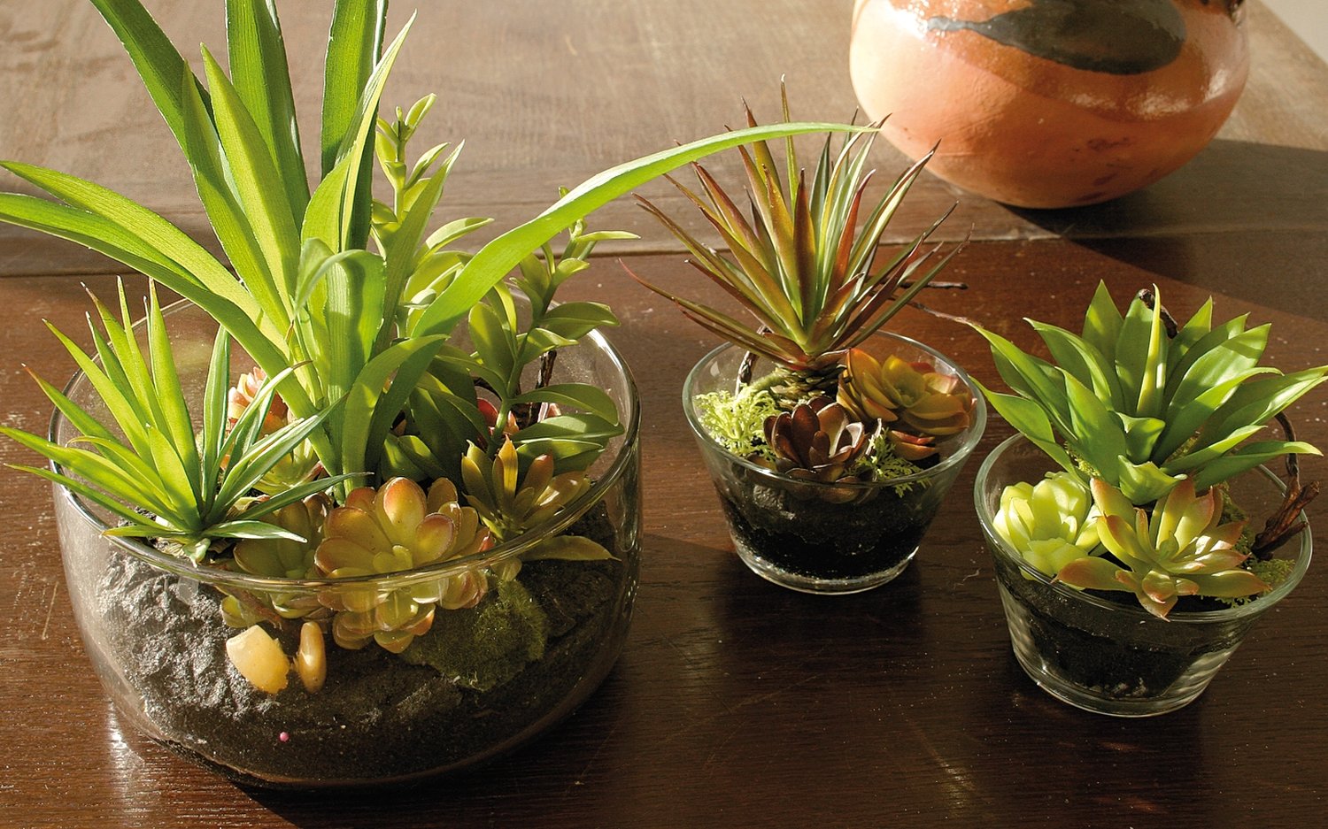 Artificial succulents-mix in glass pot, 13 cm, green