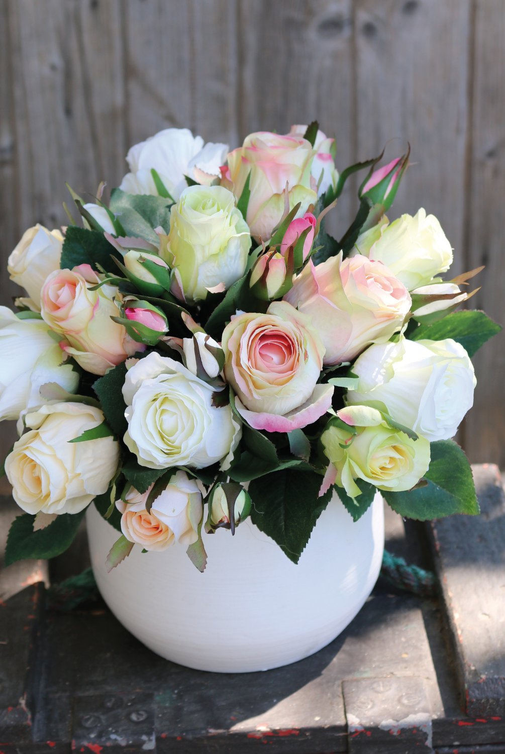 Artificial bouquet of wild roses, 24-flowers, 28 cm, white-pink