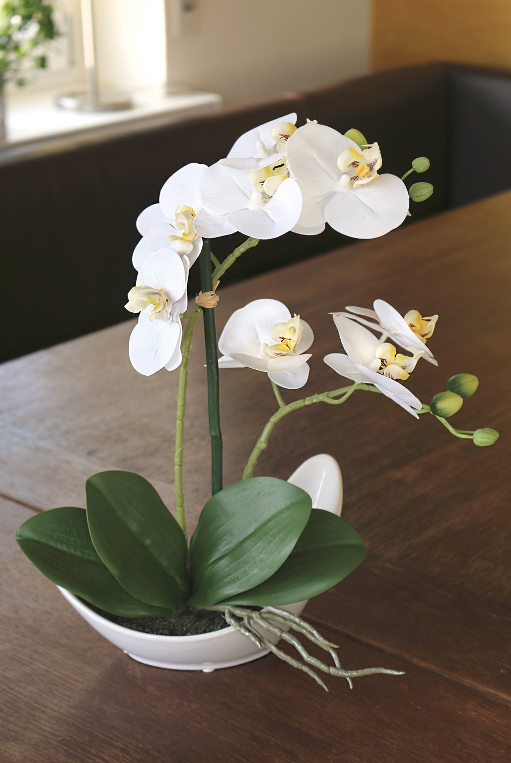 Plastic orchid Phalaenopsis in bowl, 33 cm, real touch soft, beige-white