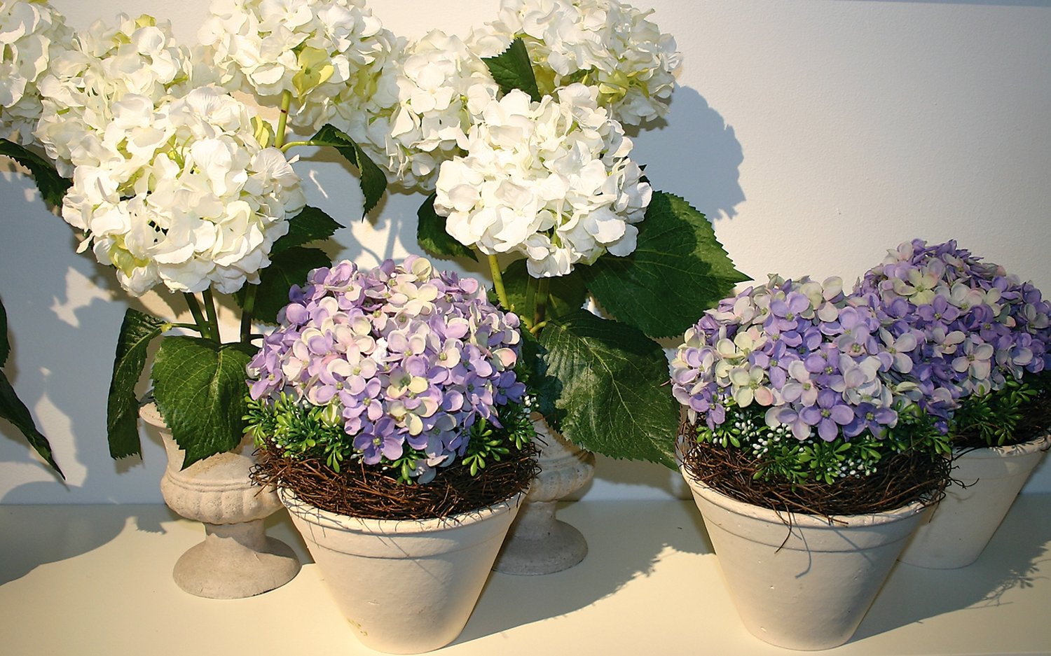 Künstliche Hortensie, 3-fach, getopft, 40 cm, weiß-grün