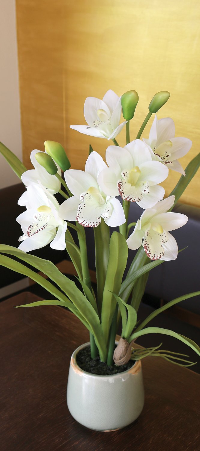 Plastic orchid cymbidium, potted, 57 cm, real touch soft, beige-white