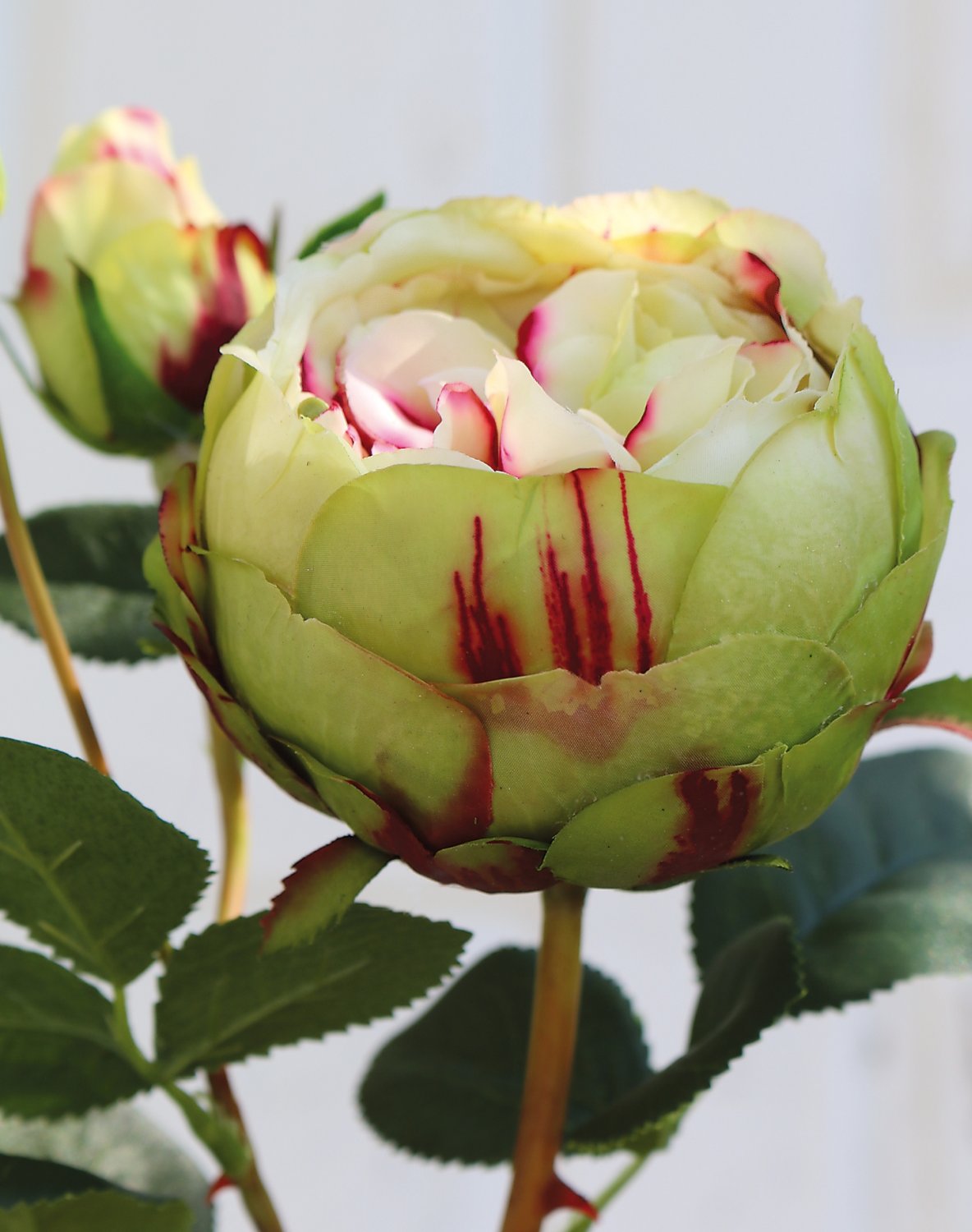 Rose artificial flower, 1 flower, 2 buds, 60 cm, real touch soft, green-burgundy