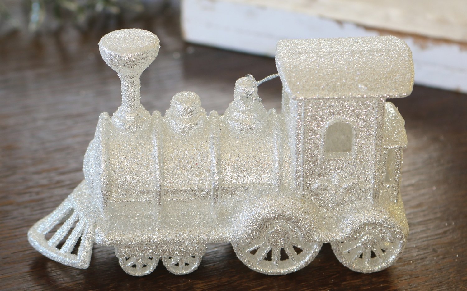 Decoration locomotive, acrylic, with glitter, 12 x 7 cm, white-silver