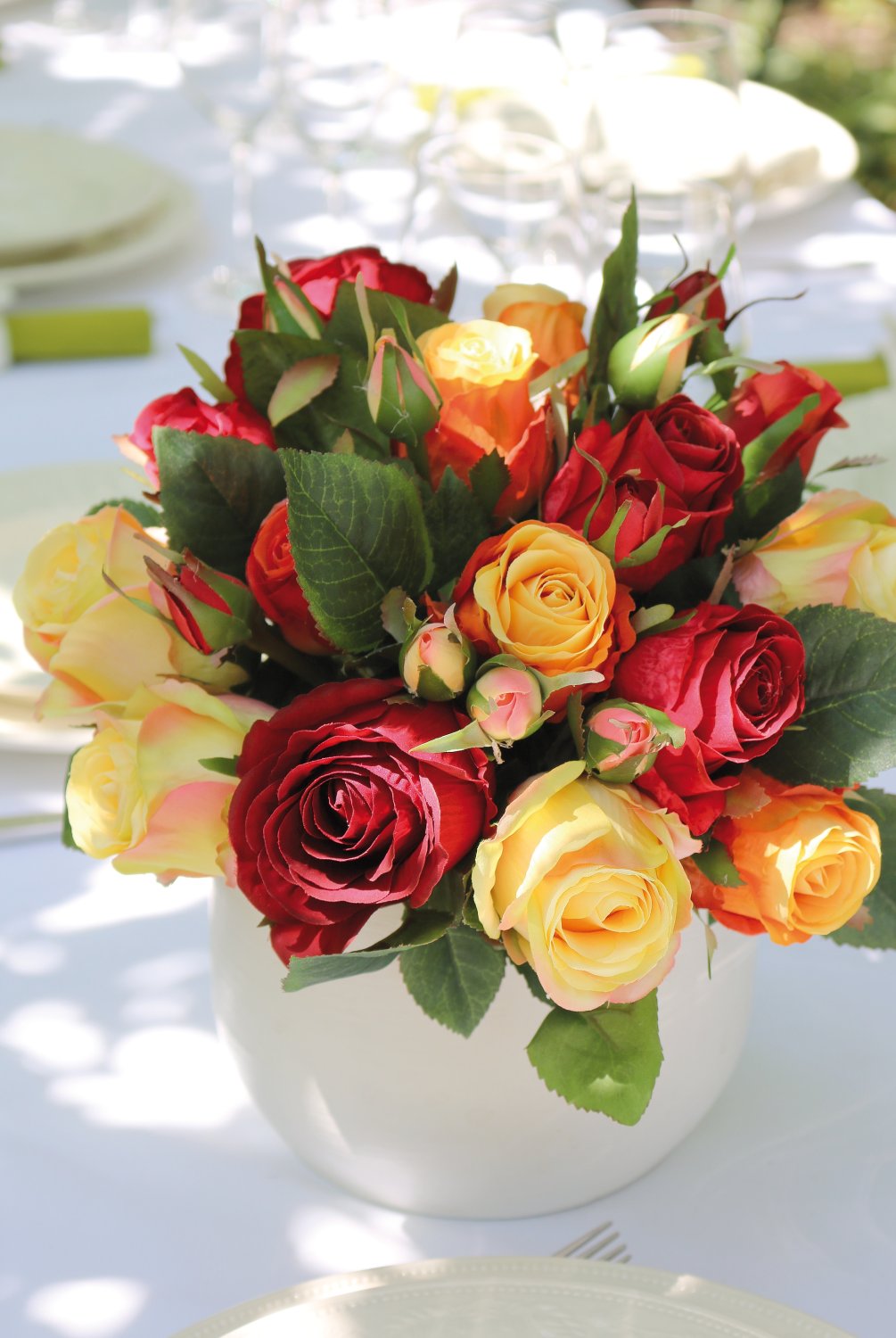 Bouquet di rose artificiali, 24 fiori, 28 cm, rosso-giallo