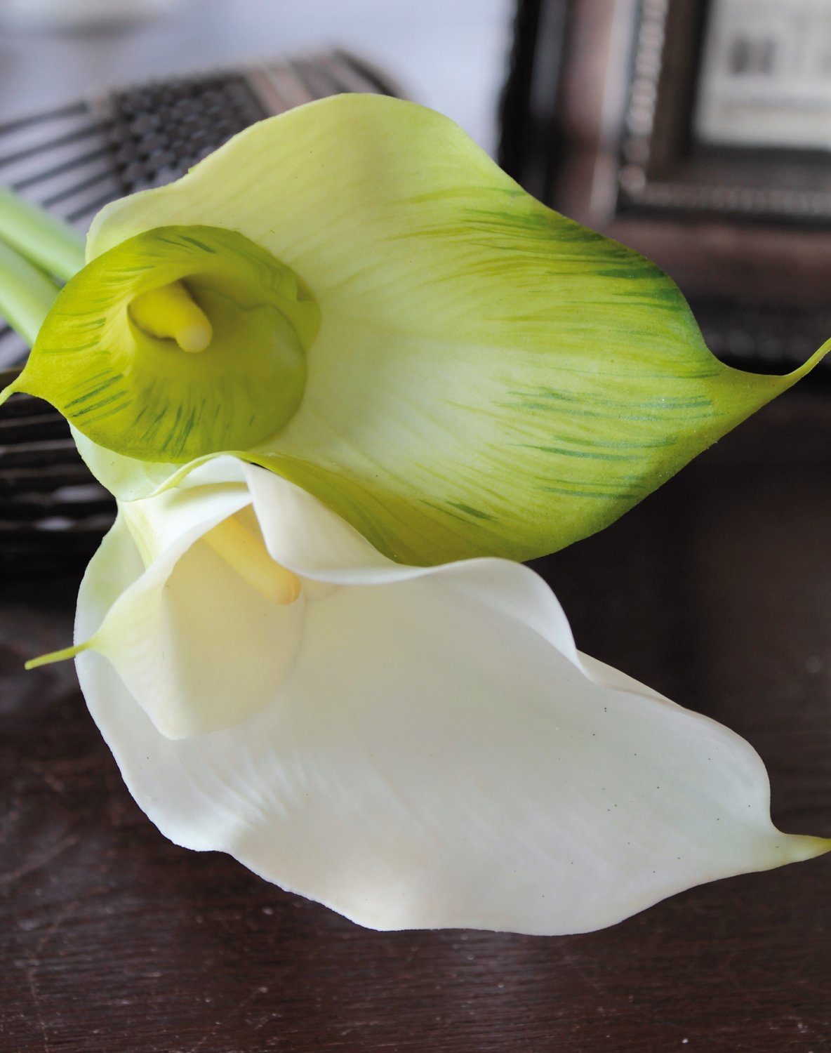 Calla artificiale 'doppia', 77 cm, Real Touch, verde-bianco