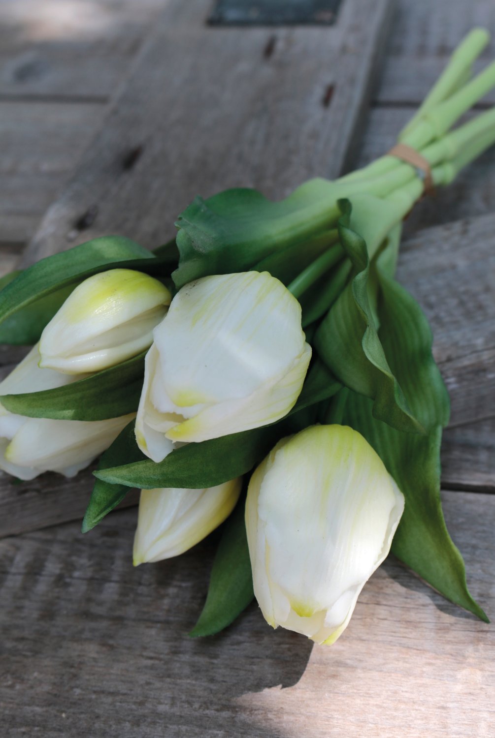 Mazzo di tulipani artificiali, 5 fiori, 28 cm, bianco-verde