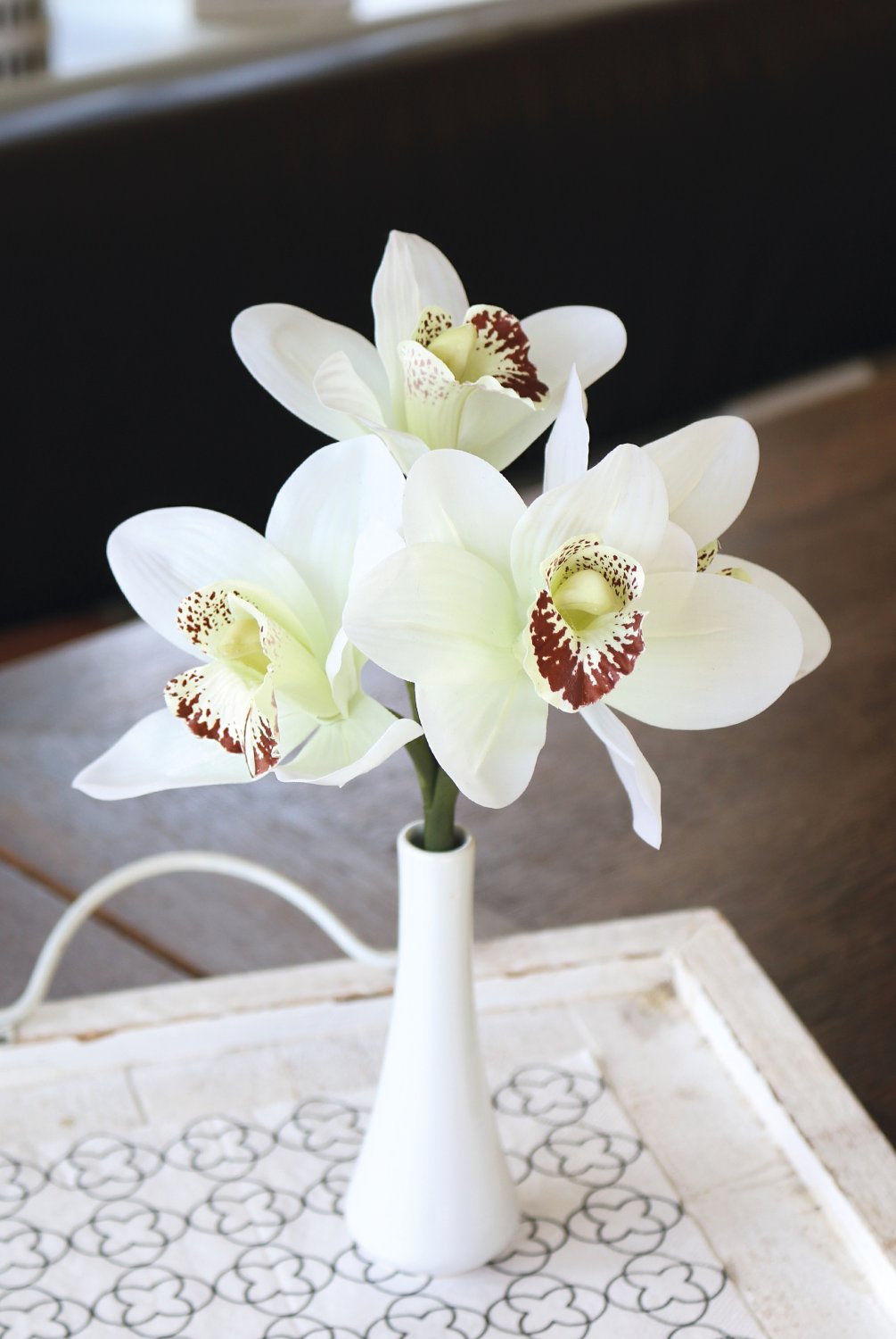 Künstliche Orchidee Cymbidium in Vase, 27 cm, Real Touch, creme-weiß