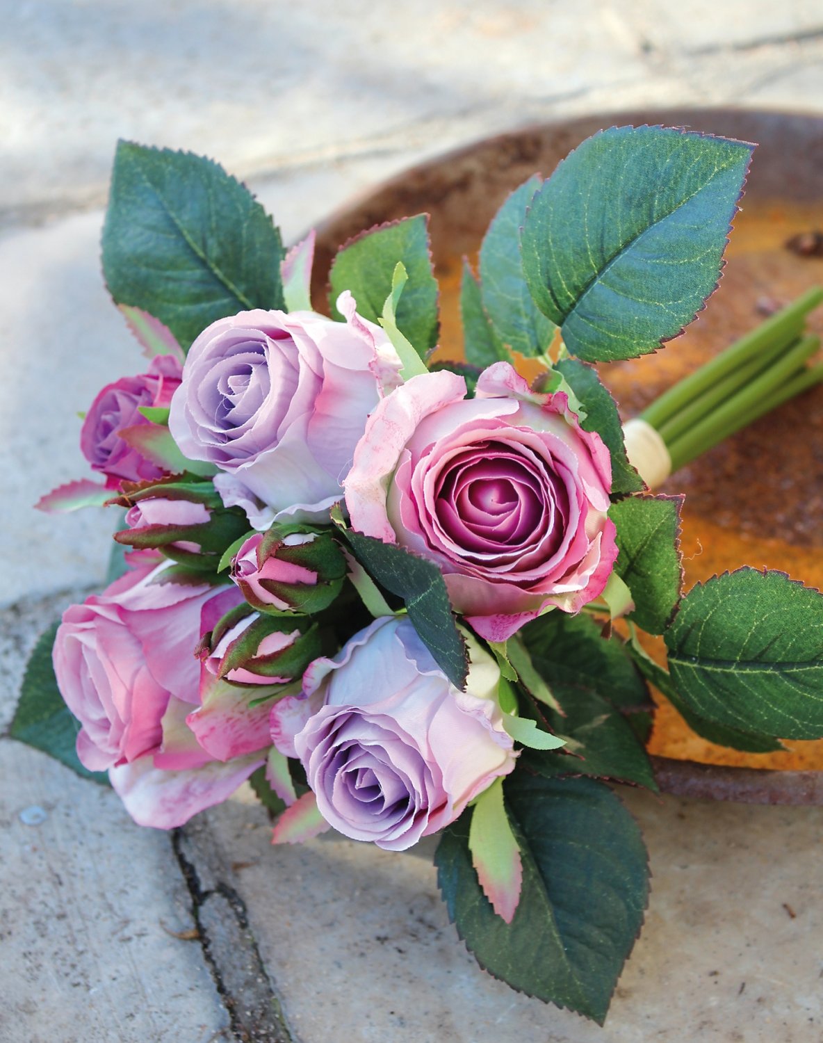 Artificial bunch of roses, 7-flowers, 28 cm, lilac