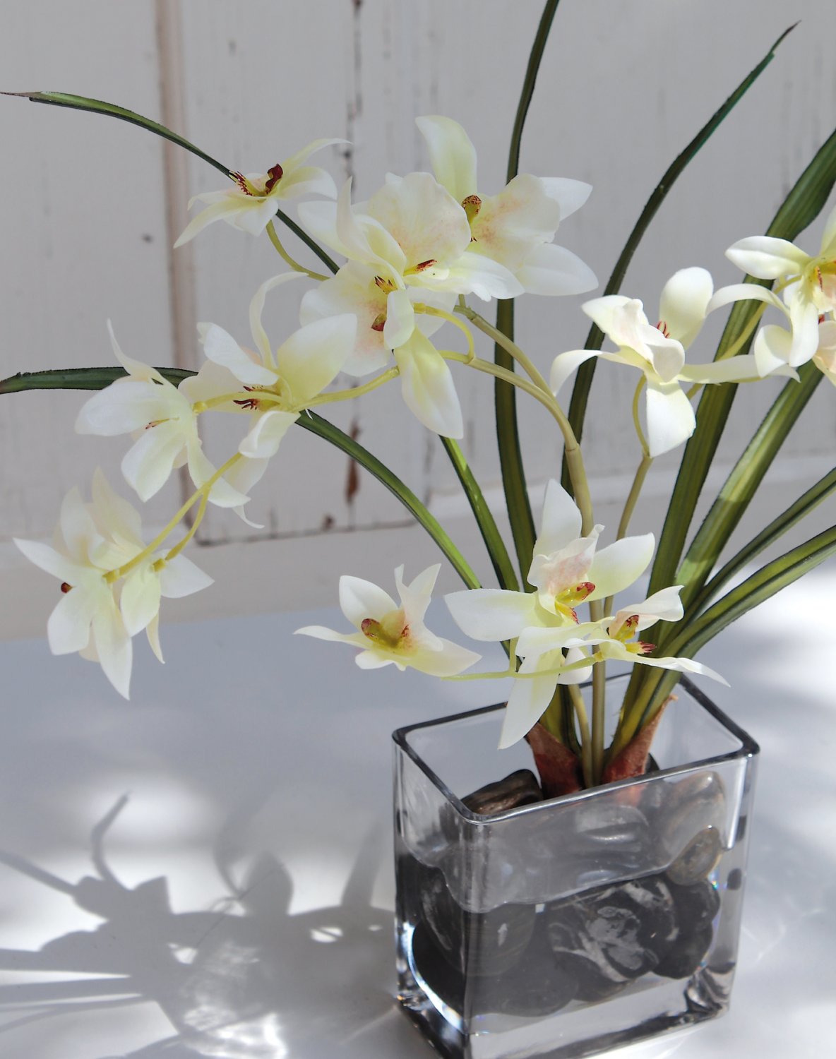 Künstliche Orchidee Dendrobium in Glasgefäß, 40 cm, Real Touch Soft, weiß-grün