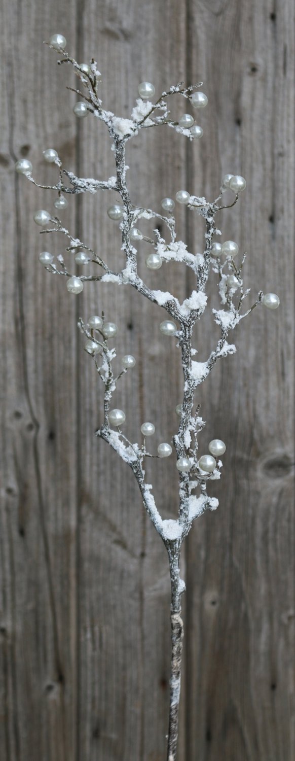 Künstlicher Dekozweig mit Perlen und Schnee, 83 cm, frost-braun