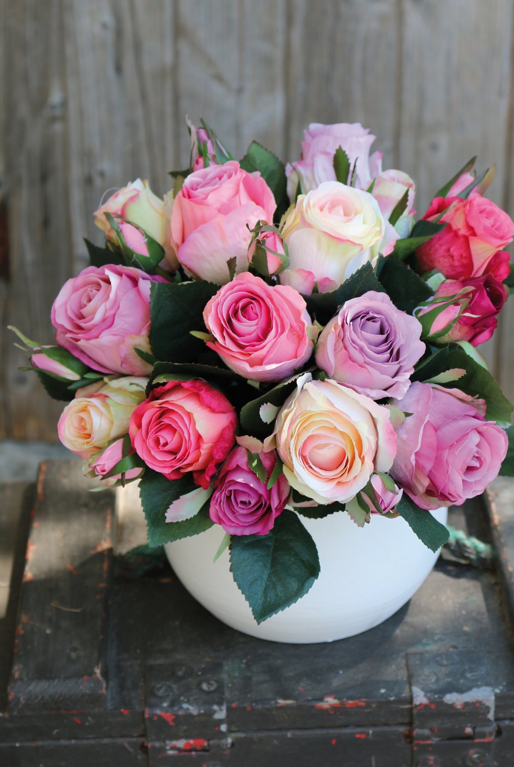 Artificial bouquet of wild roses, 24-flowers, 28 cm, pink-white