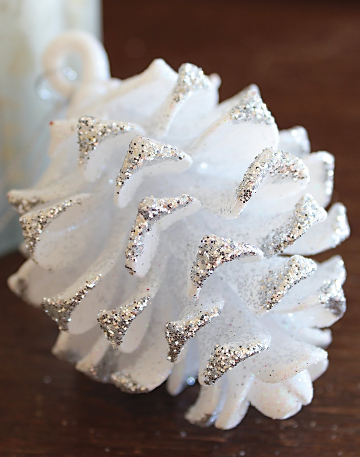 Decorative fir cones, acrylic, 9 cm, white-silver