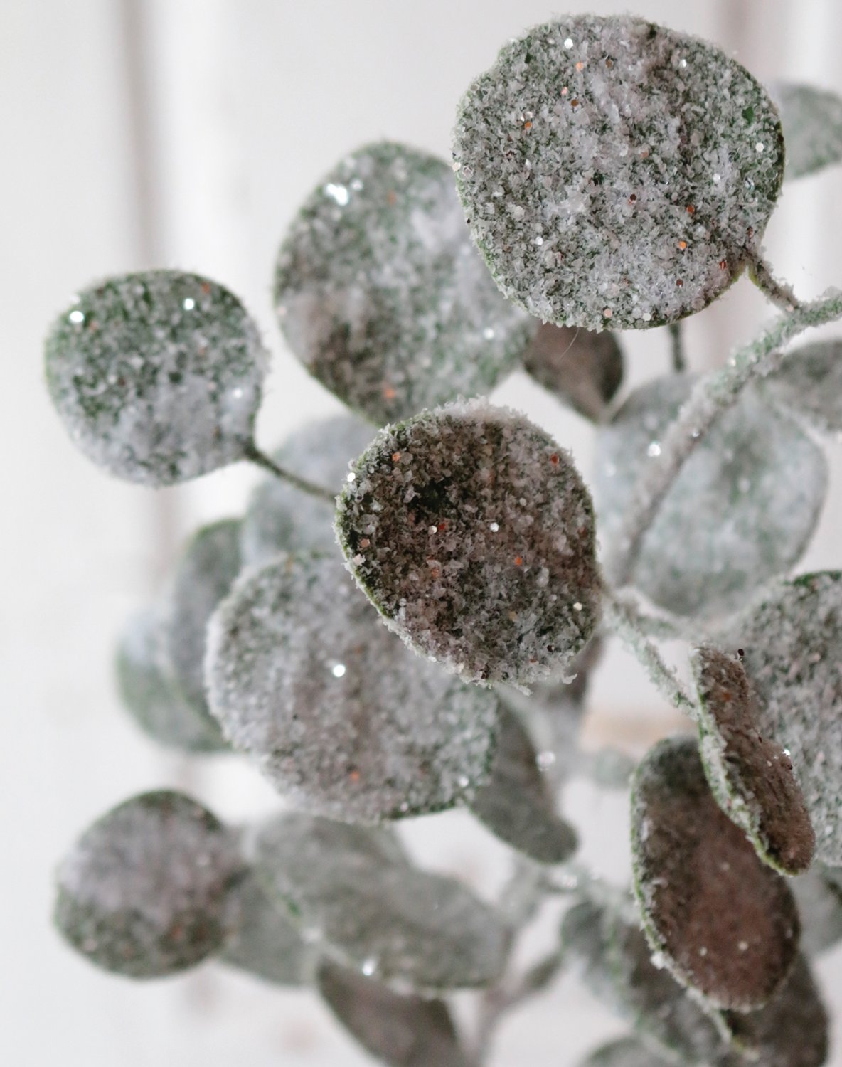 Künstlicher Eukalyptuszweig mit Schnee, 45 cm, frost-grün