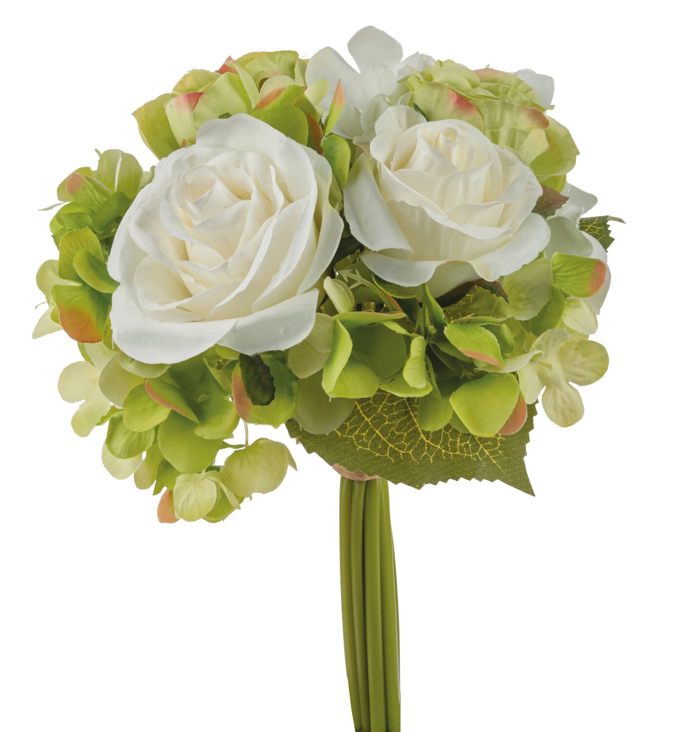 Künstliches Bouquet mit Rosen und Hortensien, 9 Stück, 25 cm, creme-grün