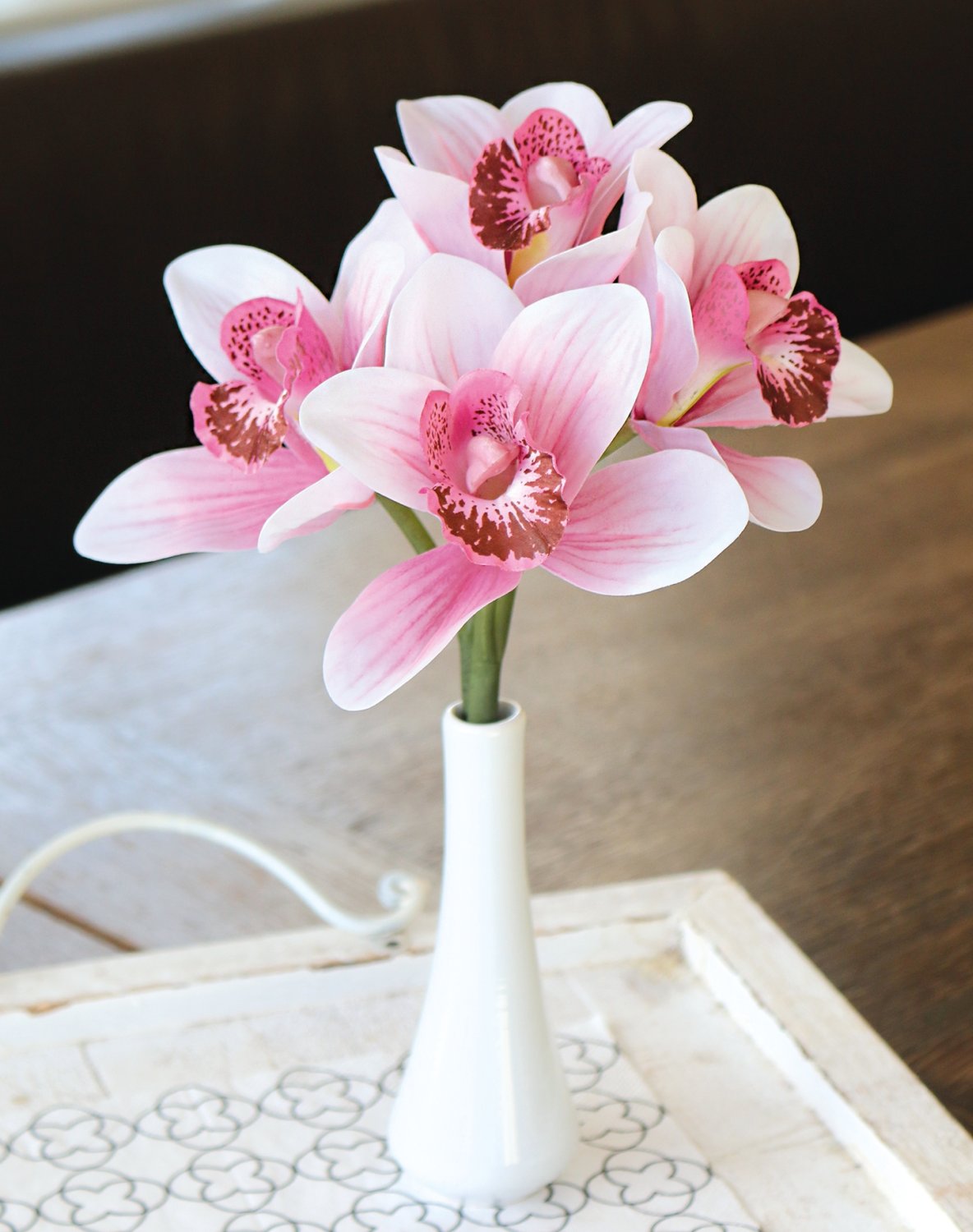 Silk orchid cymbidium in vase, 27 cm, real touch, pink-white