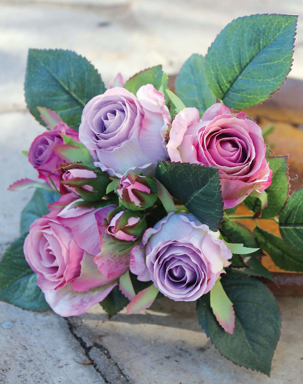 Artificial bunch of roses, 7-flowers, 28 cm, lilac