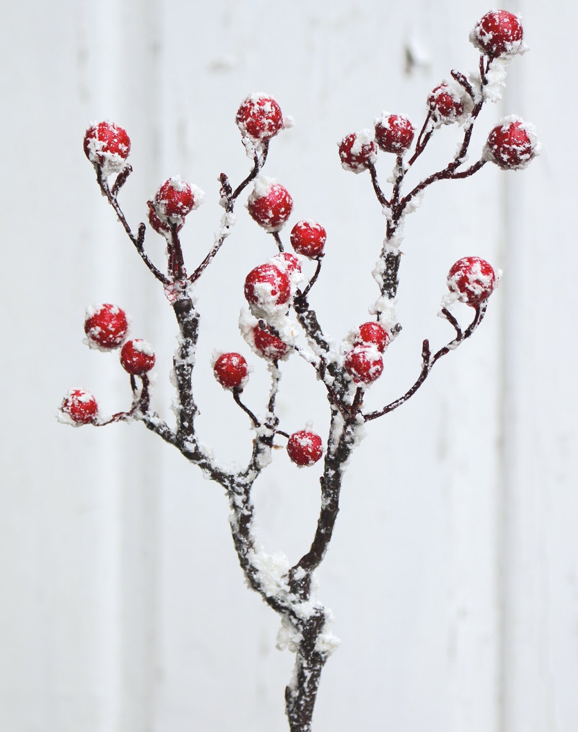 Faux berry branch with snow, 33 cm, red-white