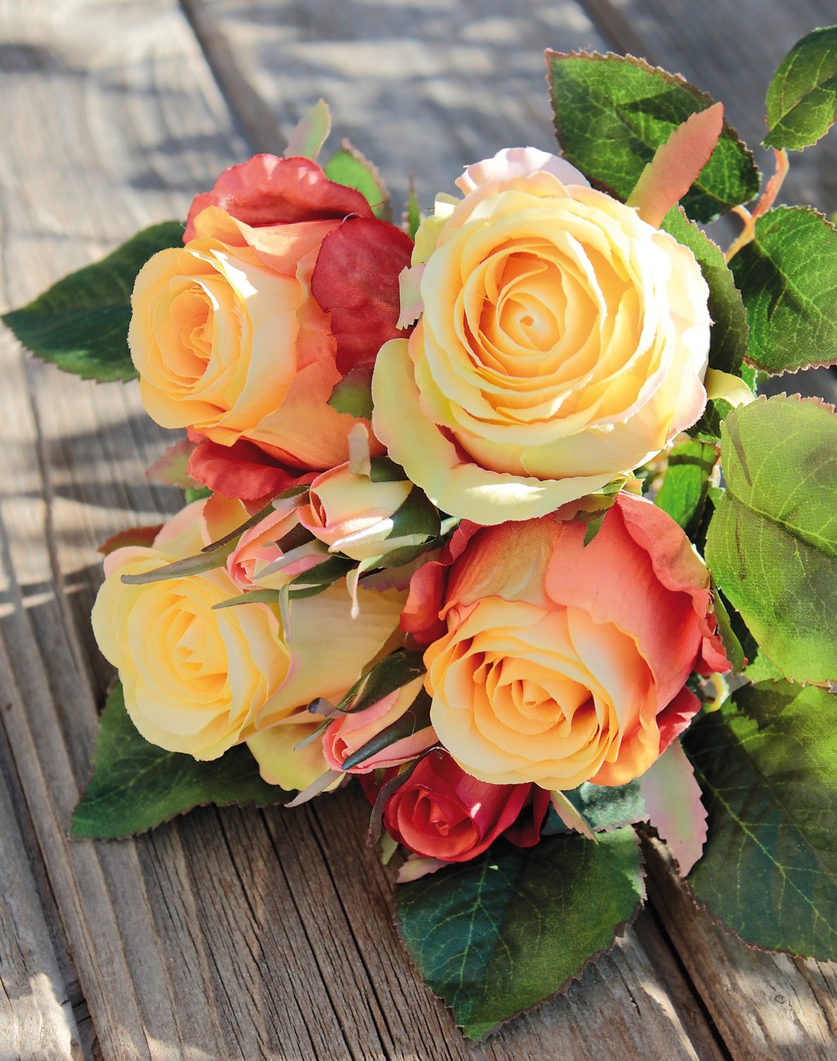 Mazzo di rose artificiali, 7 fiori, 28 cm, giallo-arancione
