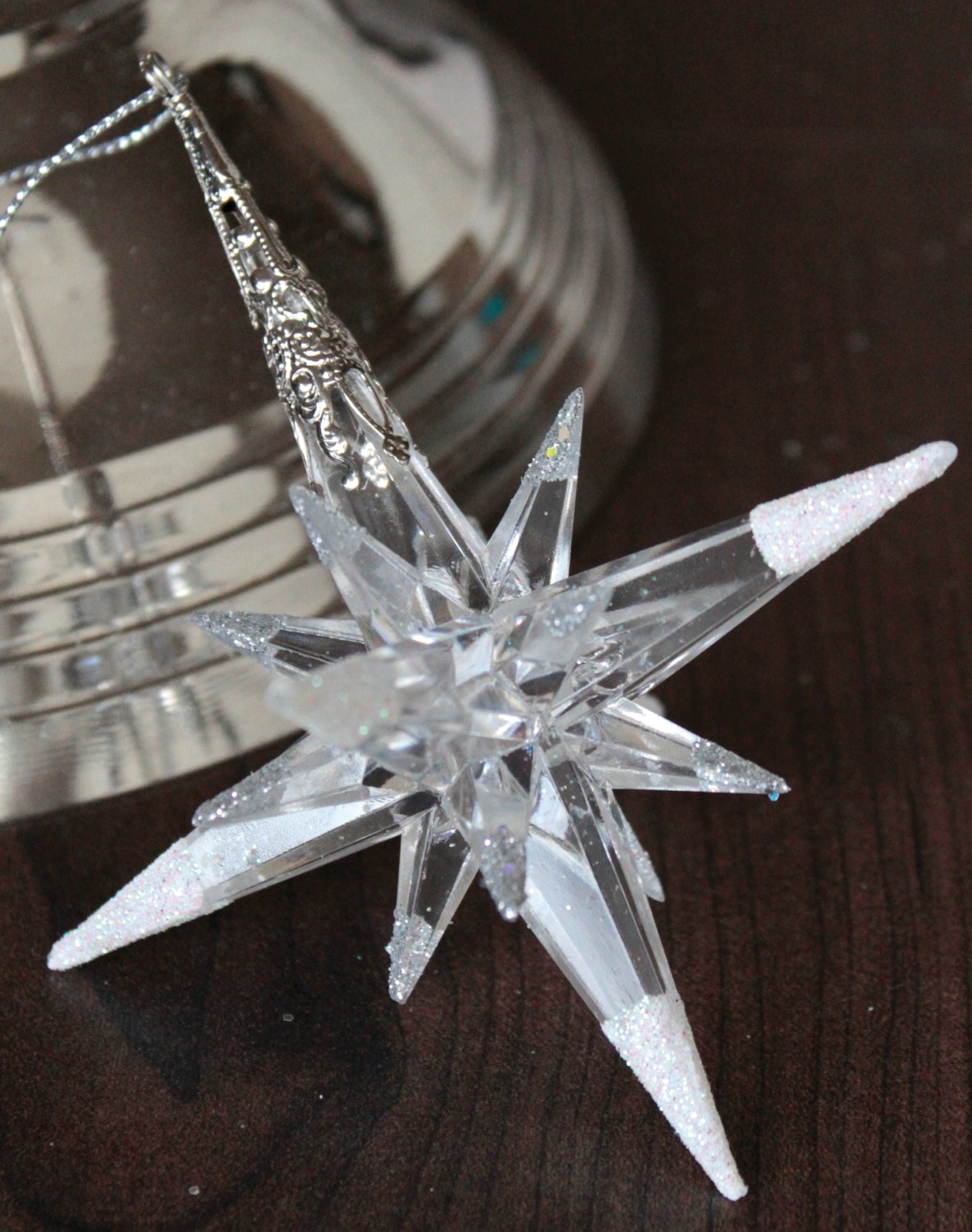 Decor star, acrylic, 10 cm, white-silver