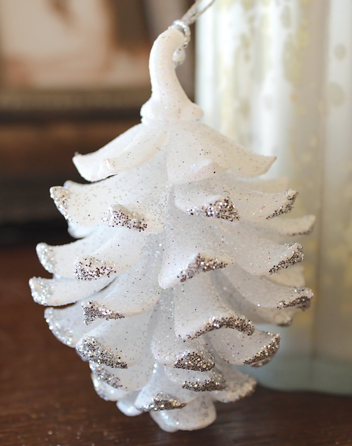 Decorative fir cones, acrylic, 9 cm, white-silver