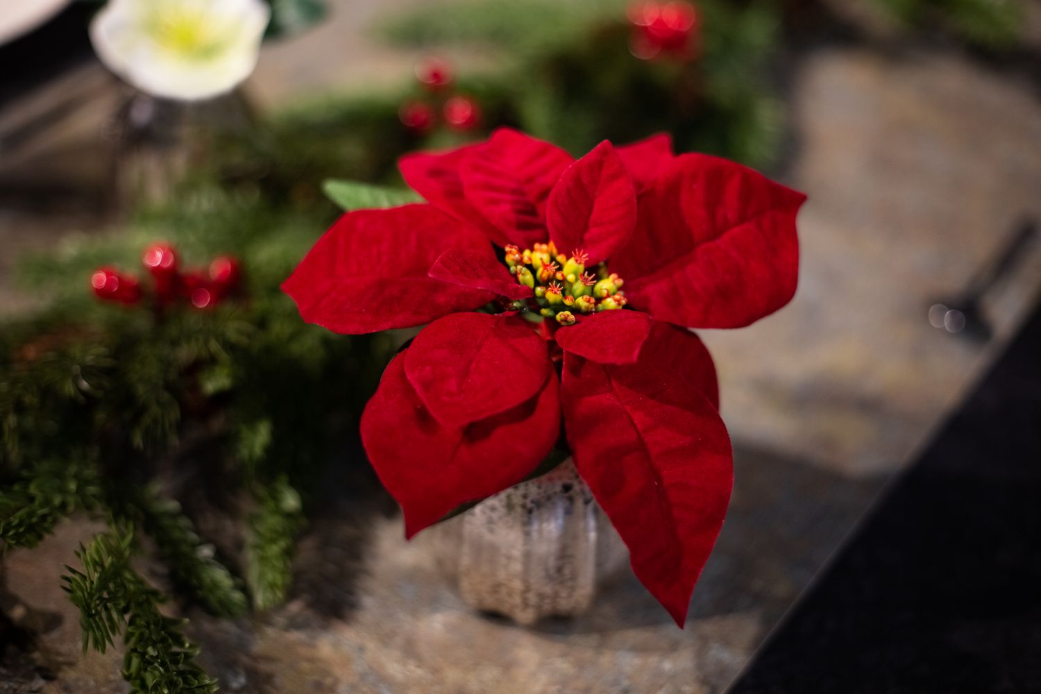 Unechtes Poinsettiaarrangement in Glasvase, 15 cm, rot