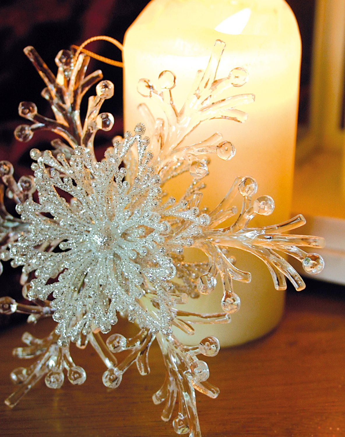 Snowflake ornament, acrylic, with glitter, Ø 15 cm, silver