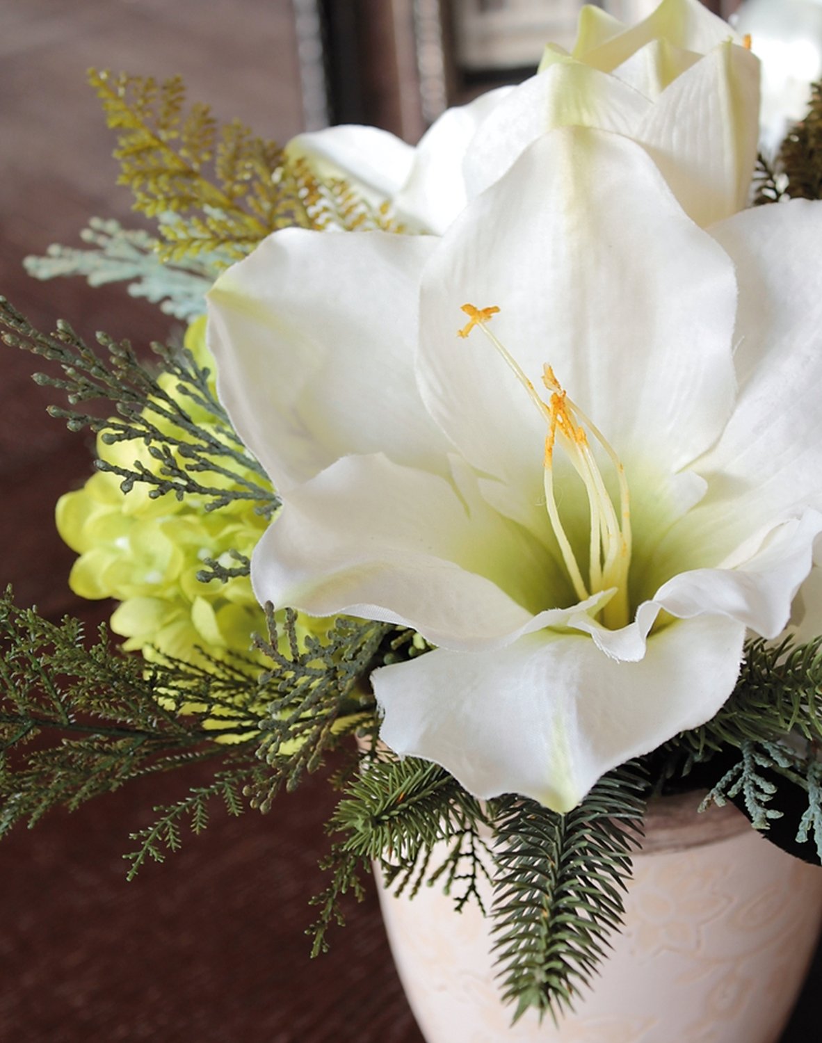 Künstliche Amaryllis-Hortensien-Arrangement im Keramiktopf, 30 cm, creme-weiß