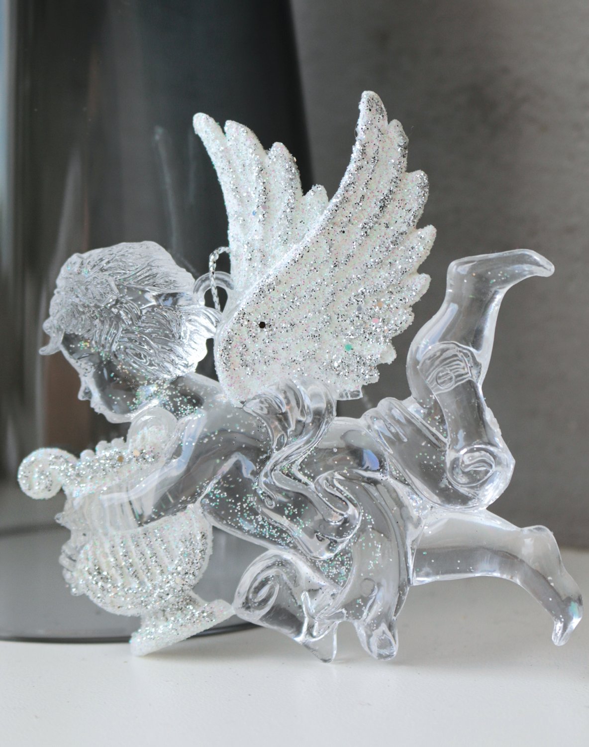 Decorative angel figurines, acrylic, 2 pieces, 10 cm, white-silver