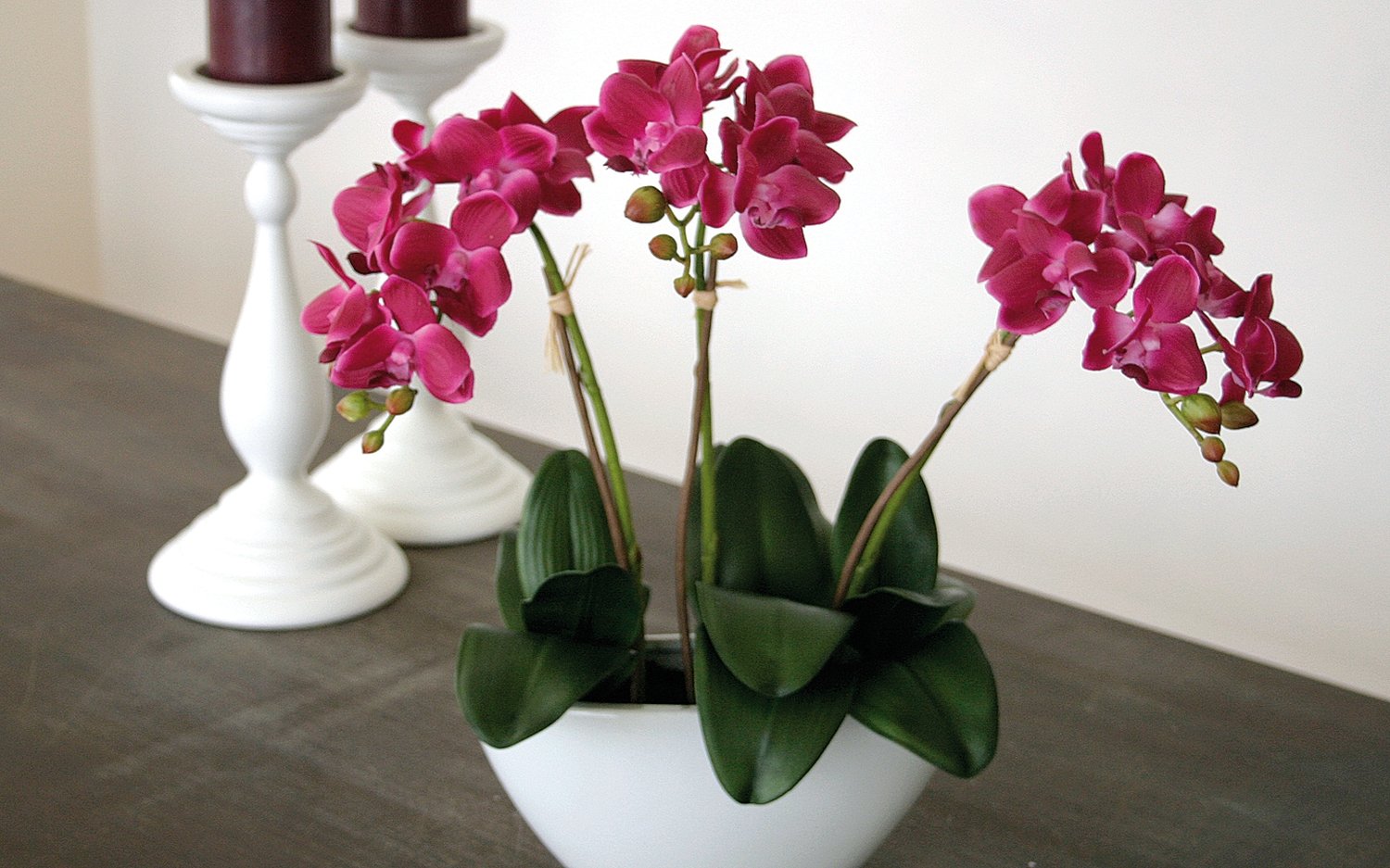 Plastic orchid Phalaenopsis, 3-fold, in bowl, 38 cm, real touch, cerise