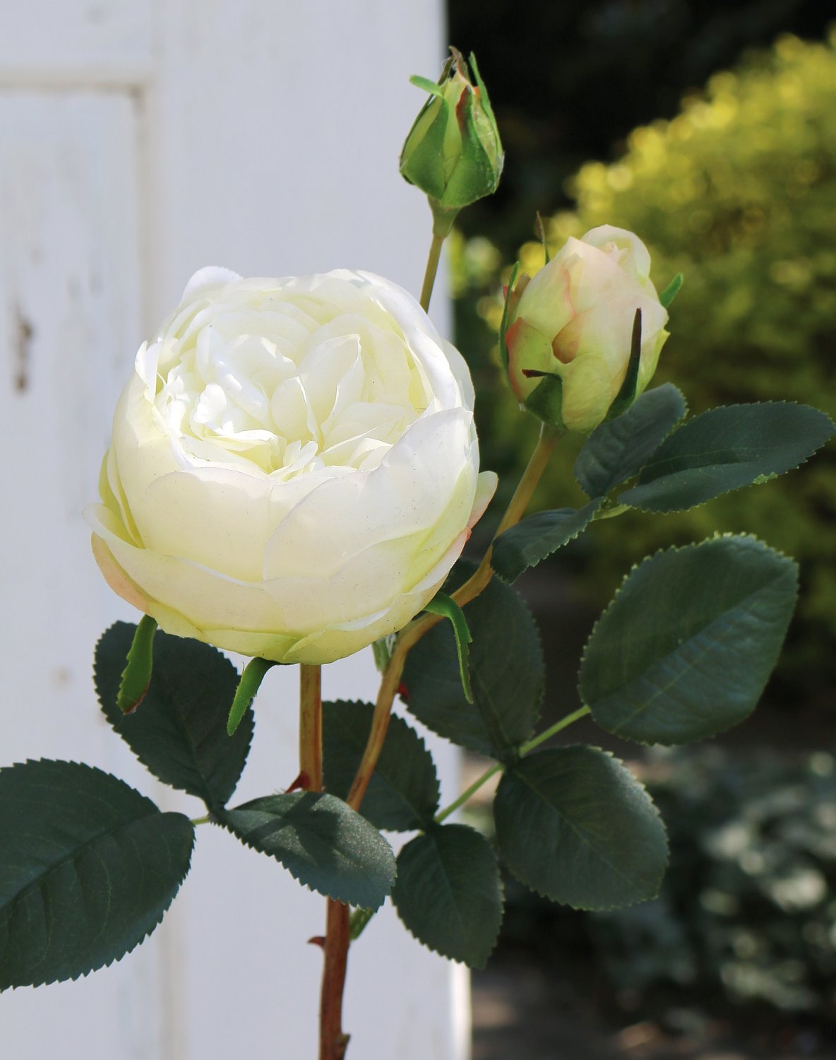 Rose artificial flower, 1 flower, 2 buds, 60 cm, real touch soft, beige-white