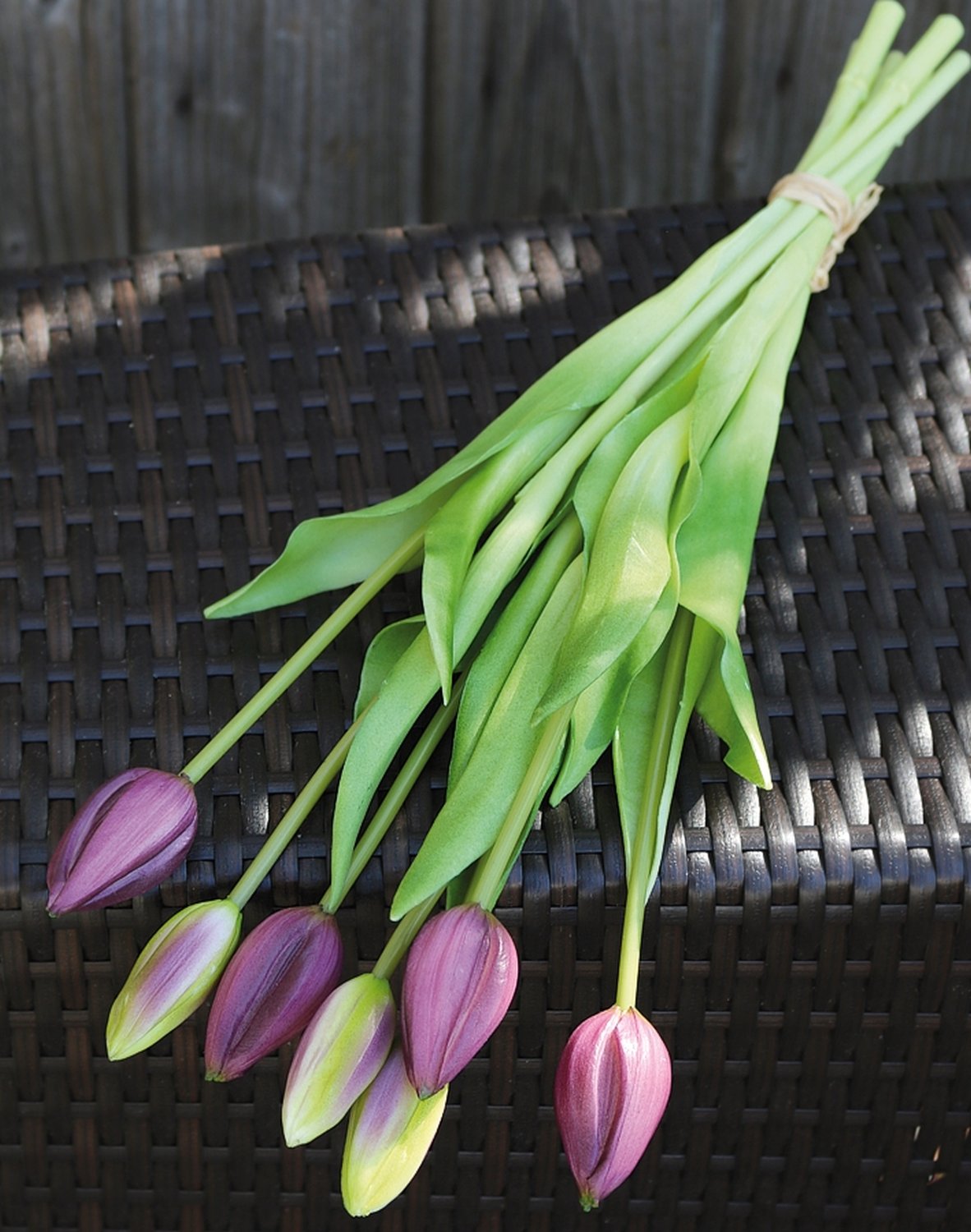 Tulip silk bouquet, 7-fold, 44 cm, real touch, violet-green