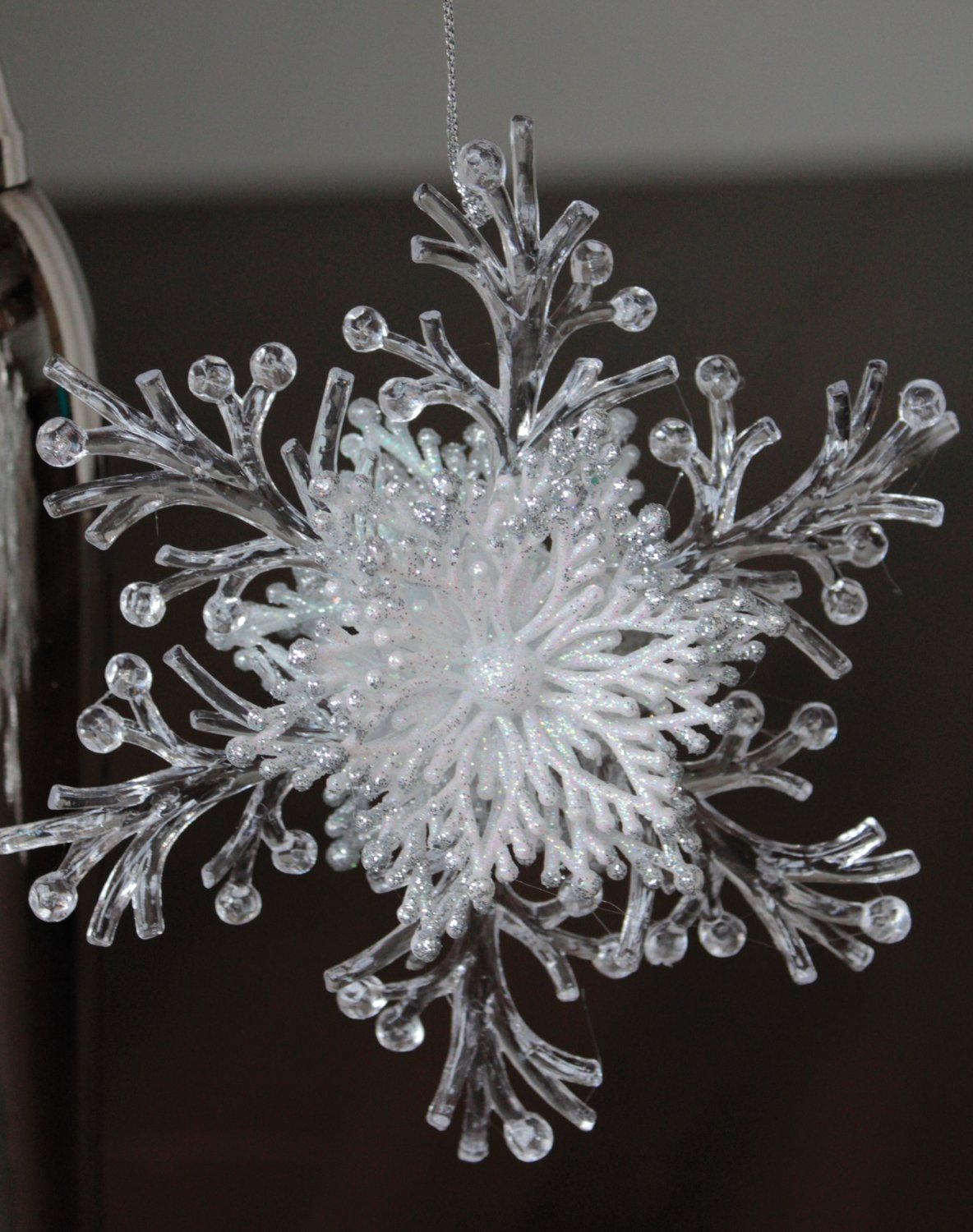 Snowflake ornament, acrylic, with glitter, Ø 15 cm, white-silver