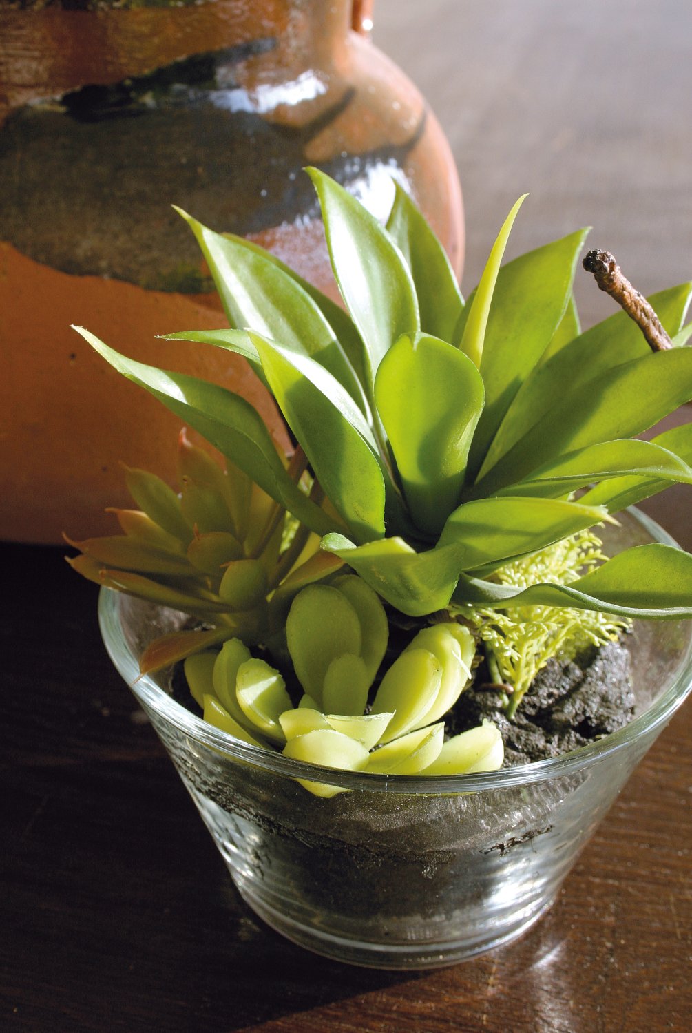 Artificial succulents-mix in glass pot, 13 cm, green