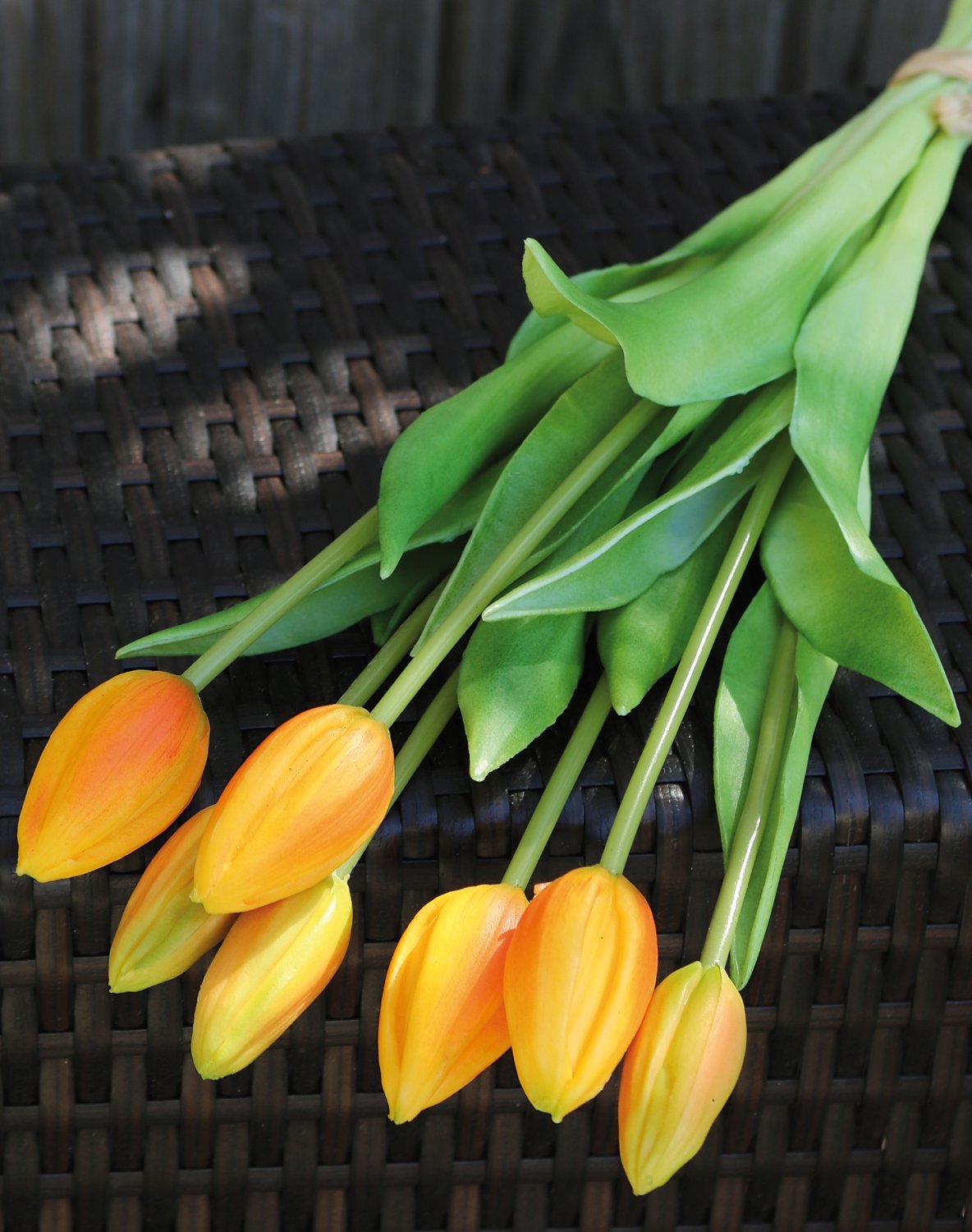 Tulip silk bouquet, 7-fold, 44 cm, real touch, yellow-orange