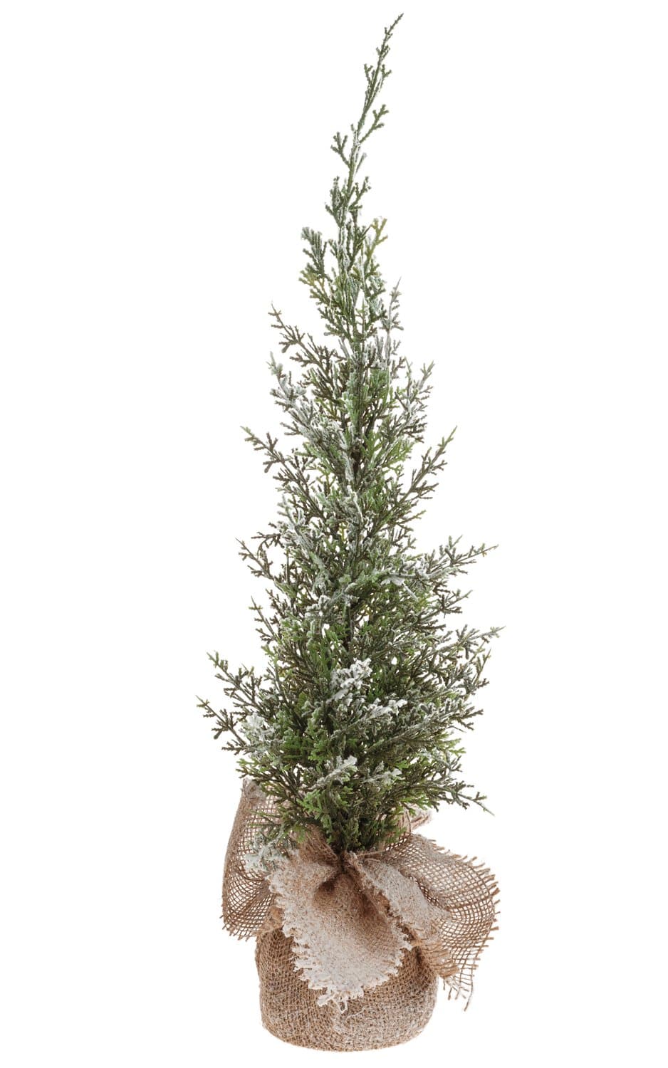 Artificial cedar tree with snow in a jute bag, 60 cm, green-white