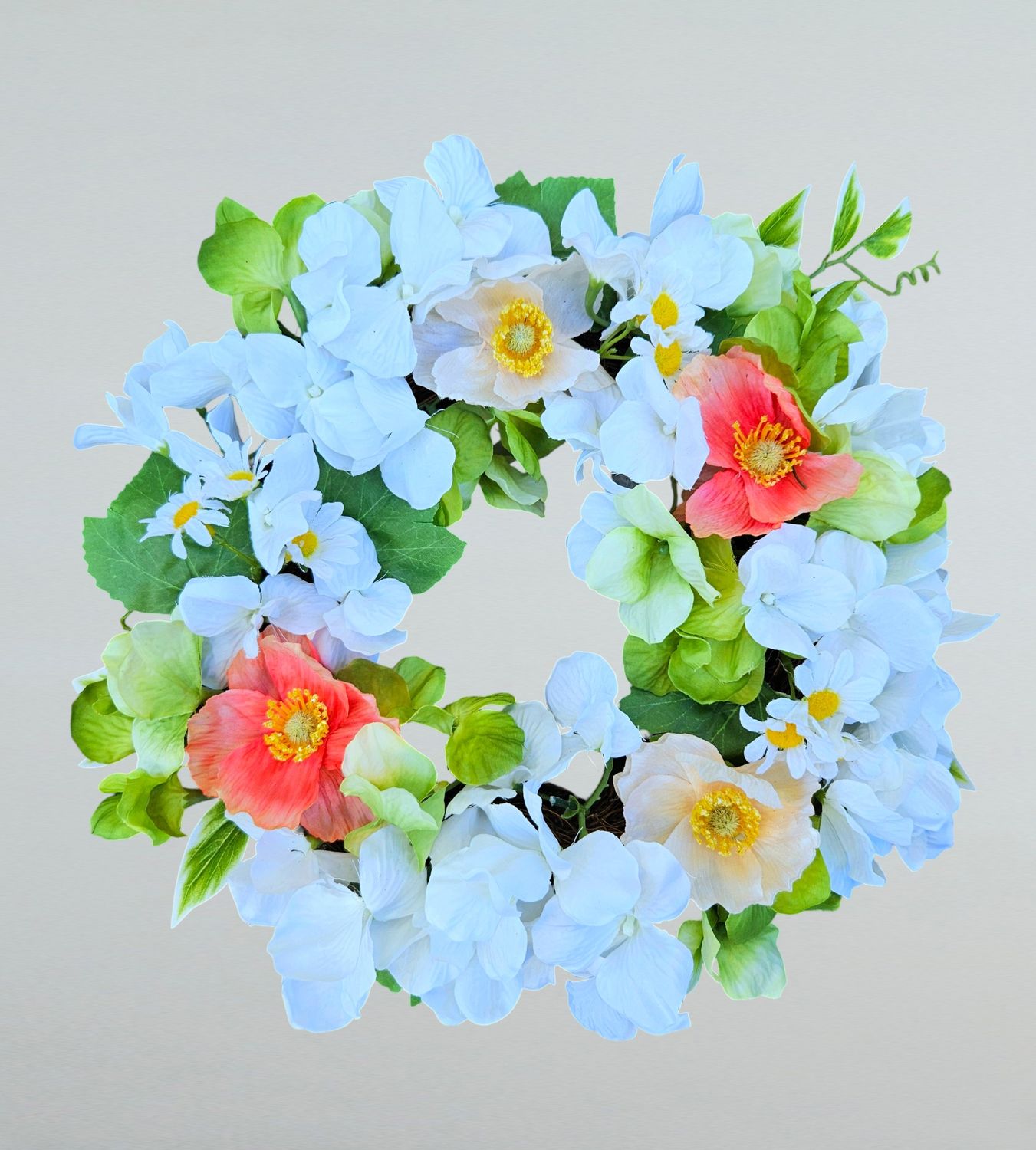 Künstlicher Sommerkranz mit Mohn, Ø 38 cm, weiß-grün