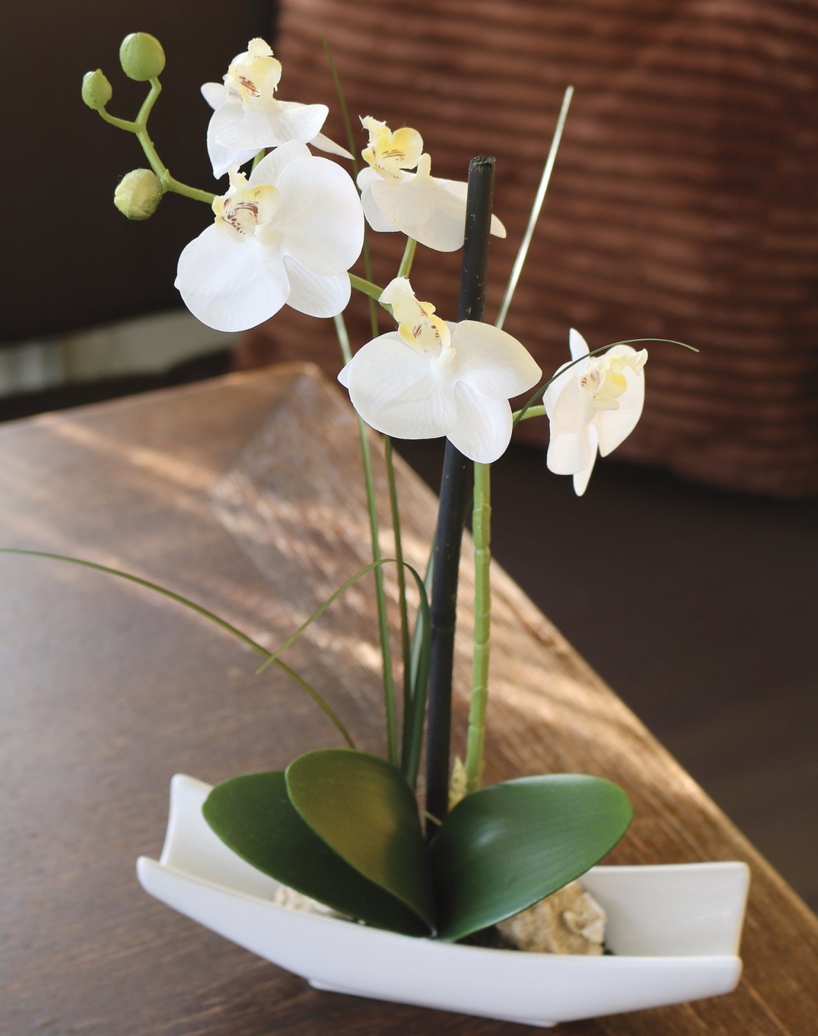 Plastic orchid Phalaenopsis in bowl, 30 cm, real touch soft, beige-white