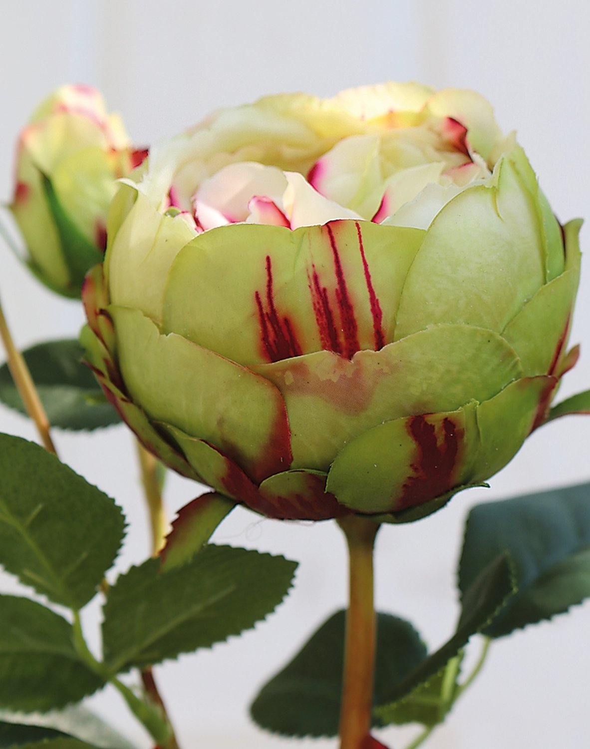 Künstliche Rose, 1 Blüten, 2 Knospen, 60 cm, Real Touch Soft, grün-burgunderrot