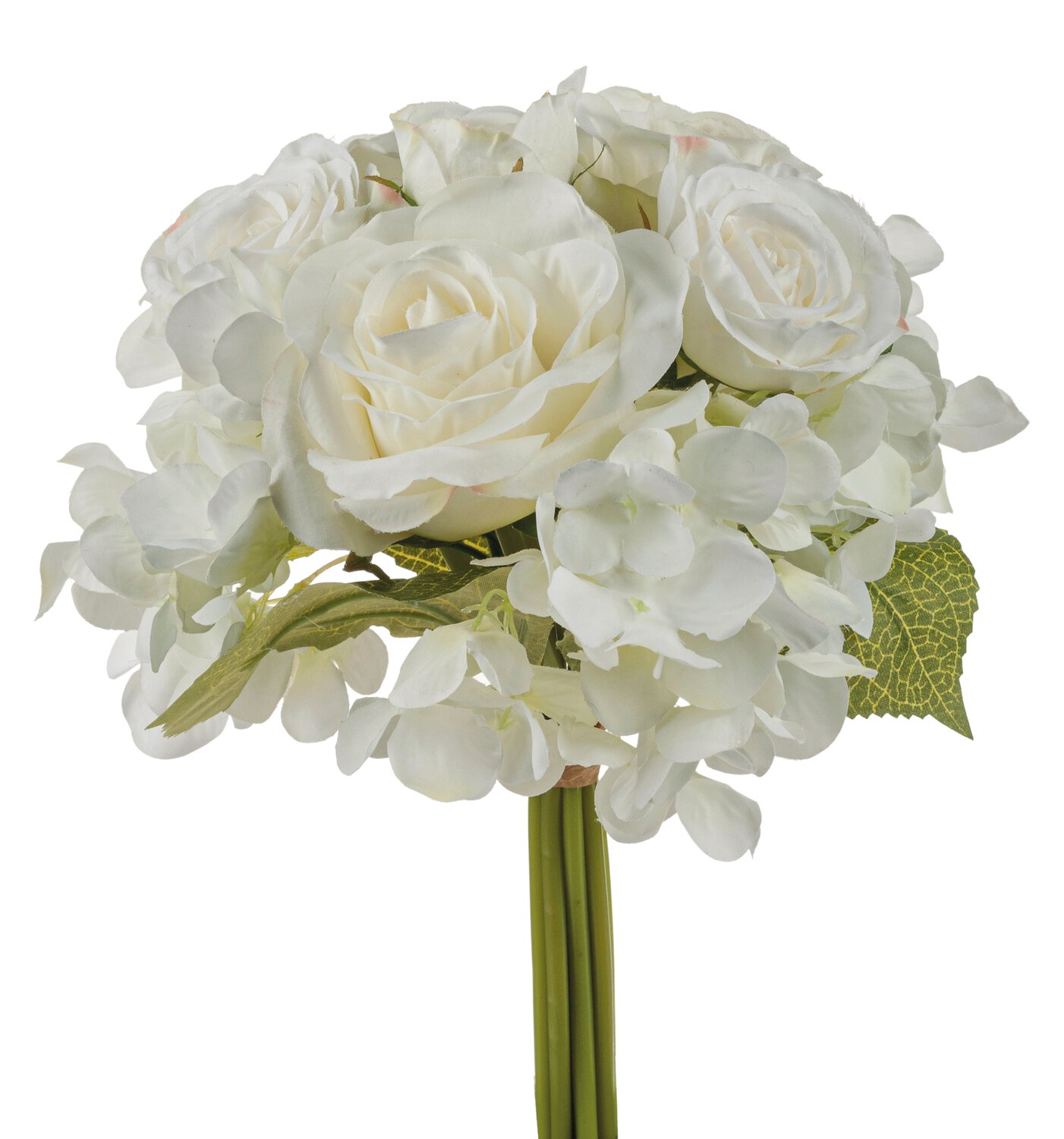 Bouquet artificiale di rose e ortensie, 9 pezzi, 25 cm, bianco