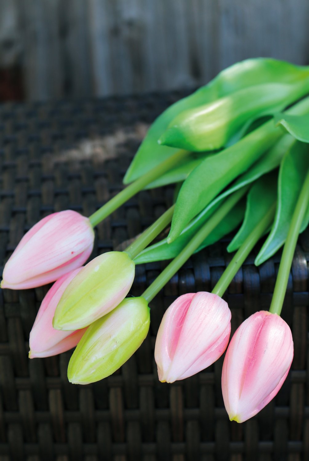 Tulip silk bouquet, 7-fold, 44 cm, real touch, pink-green