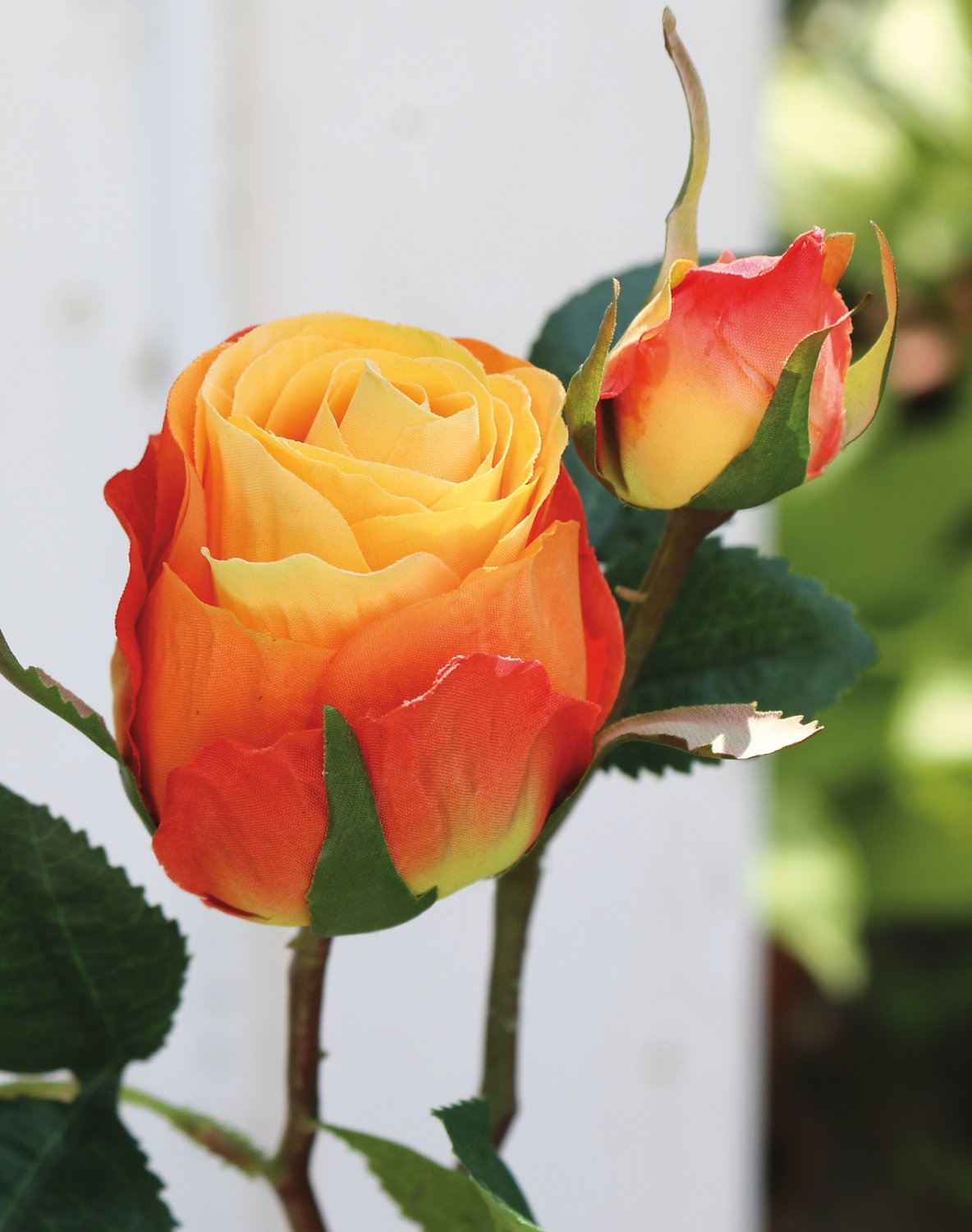 Silk rose, 1 flower, 1 bud, 45 cm, yellow-orange