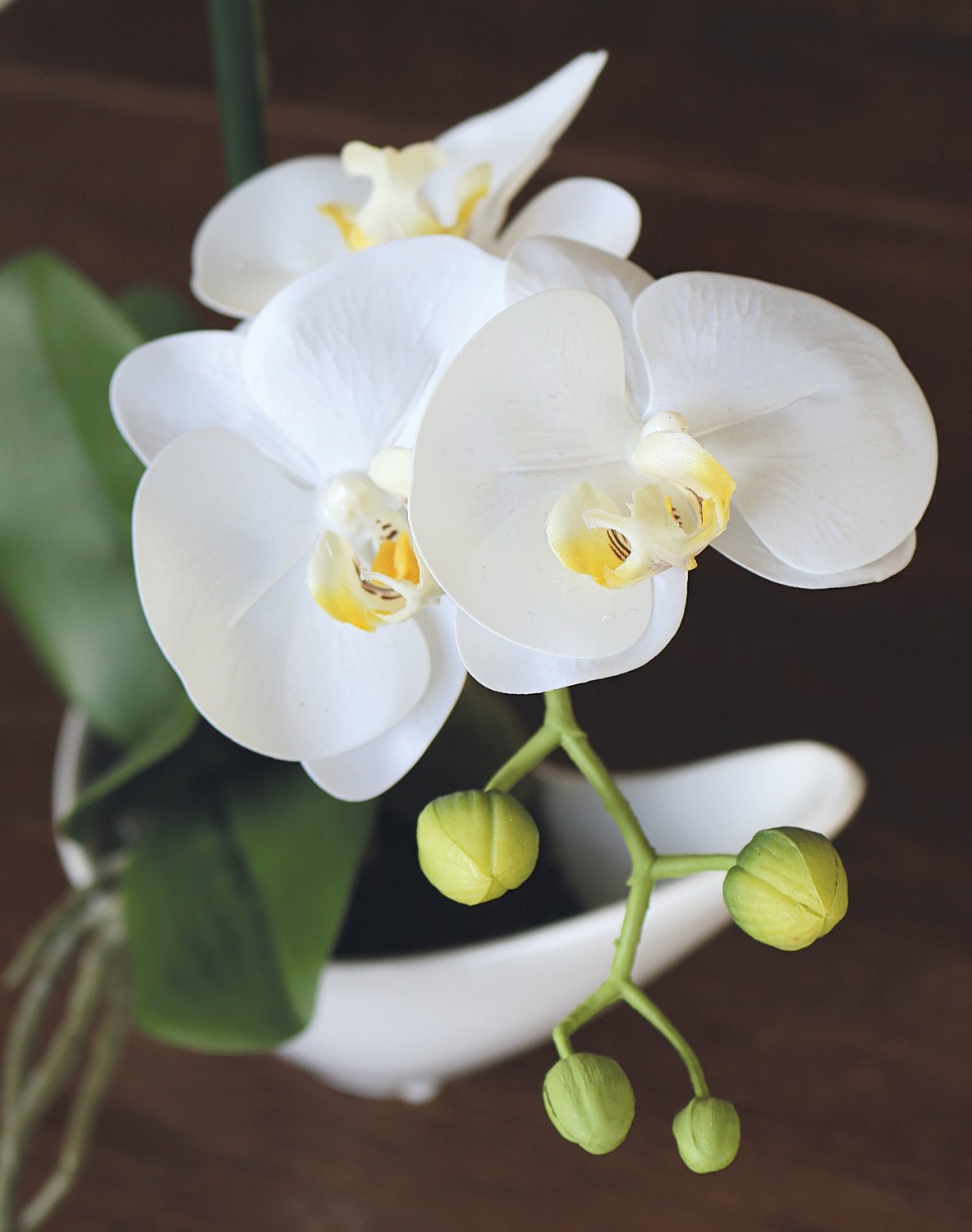 Plastic orchid Phalaenopsis in bowl, 33 cm, real touch soft, beige-white