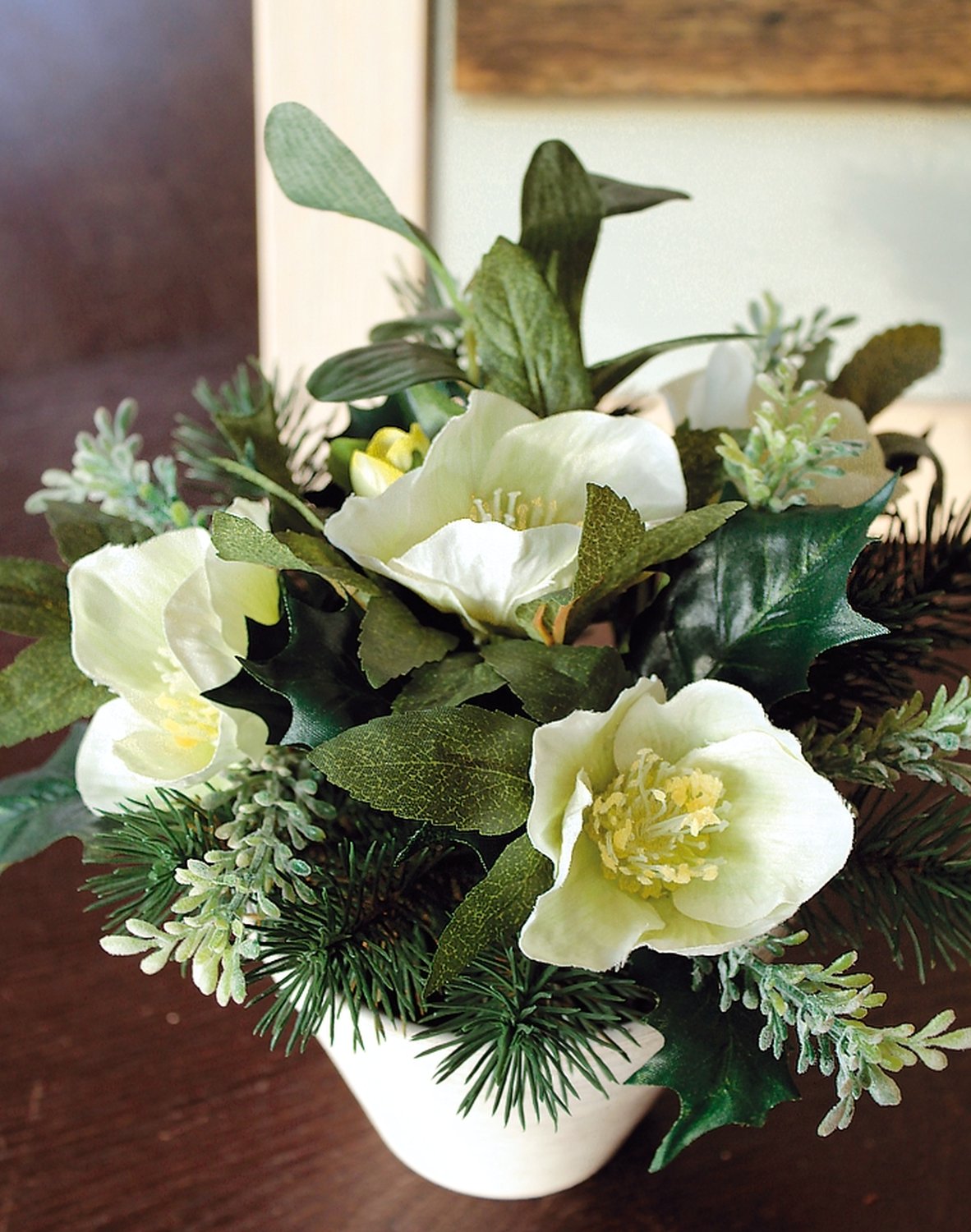 Artificial Christmas rose in pot, with fir, 20 cm, beige-white