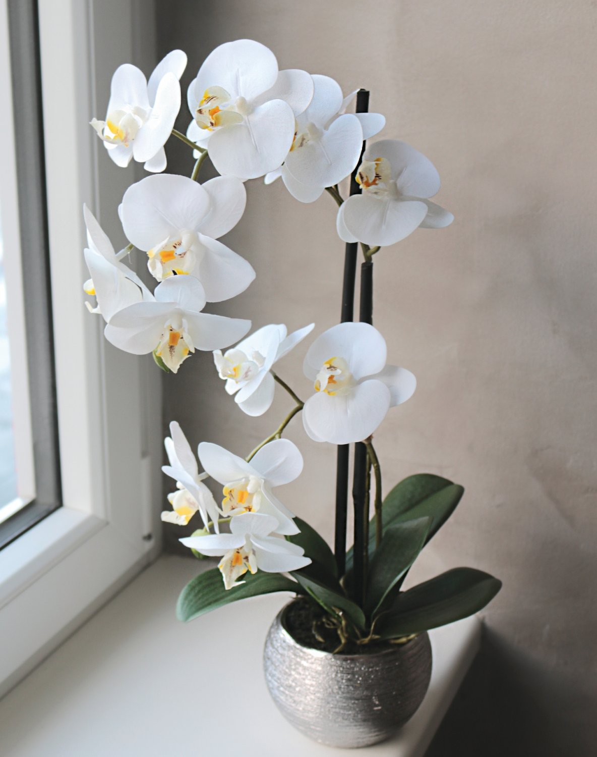 Orquídea de seda Phalaenopsis, 2 tallos, 45 cm, tacto real, blanco crema Orquídea de seda Phalaenopsis, 2 tallos, 45 cm, tacto real, blanco crema
