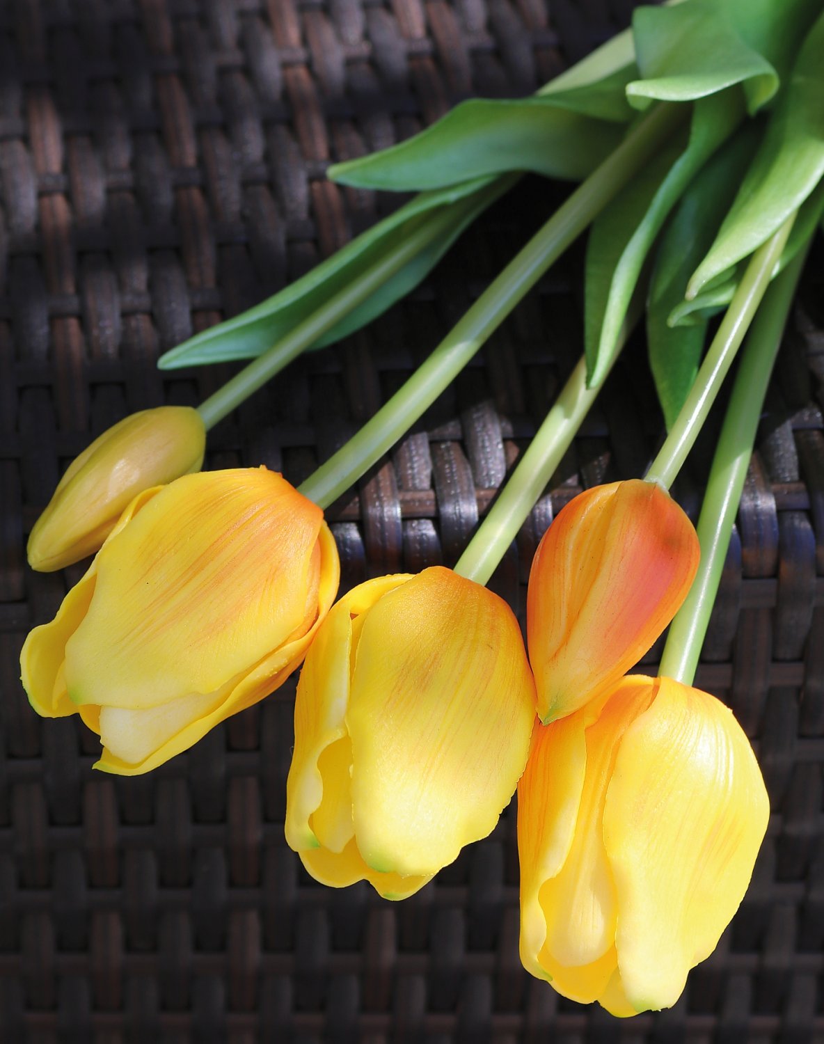 Künstlicher Tulpenbund, französisch, gemischt, 5-fach, 47 cm, Real Touch, gelb-orange
