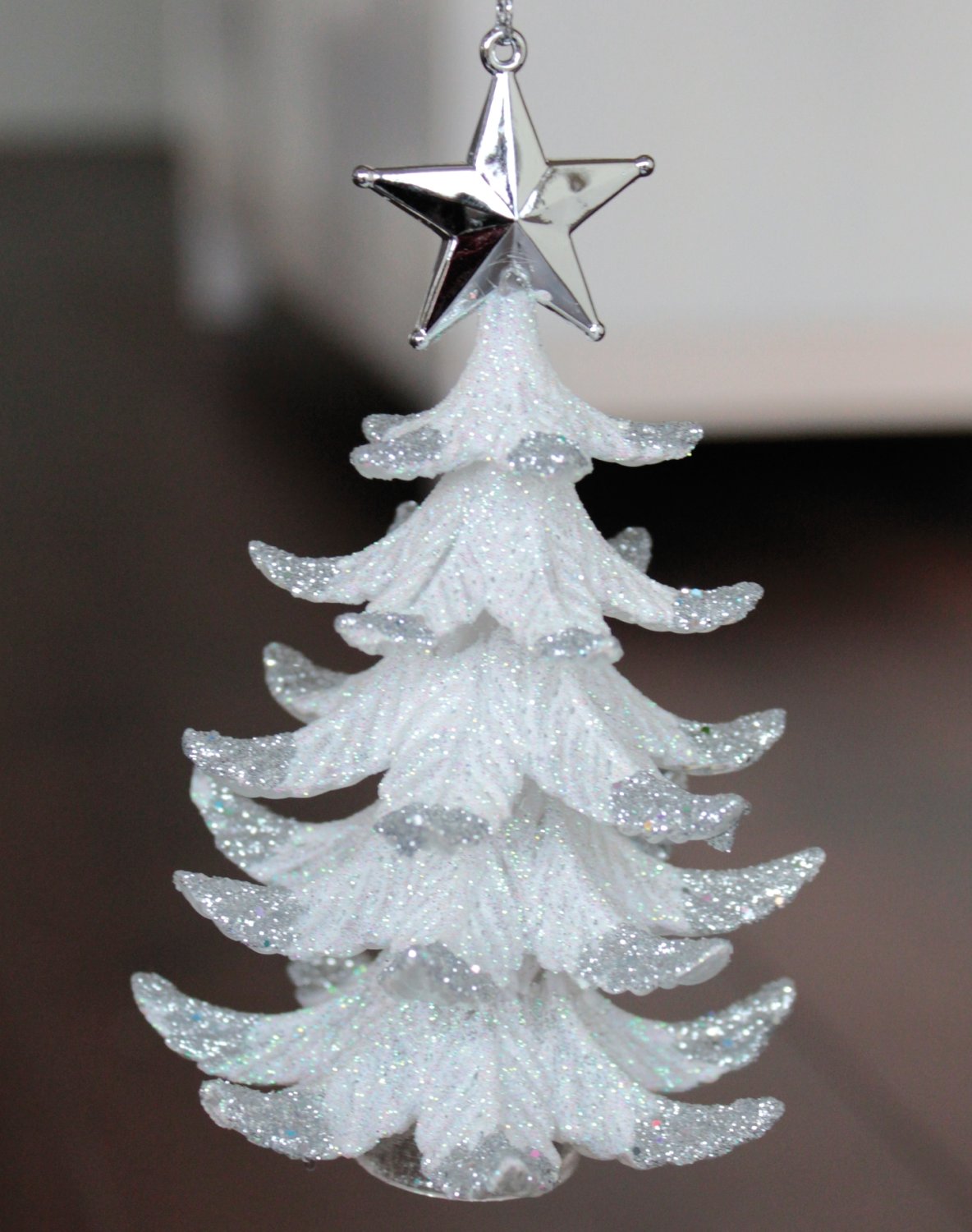 Decoration fir tree, acrylic, 12 cm, white-silver