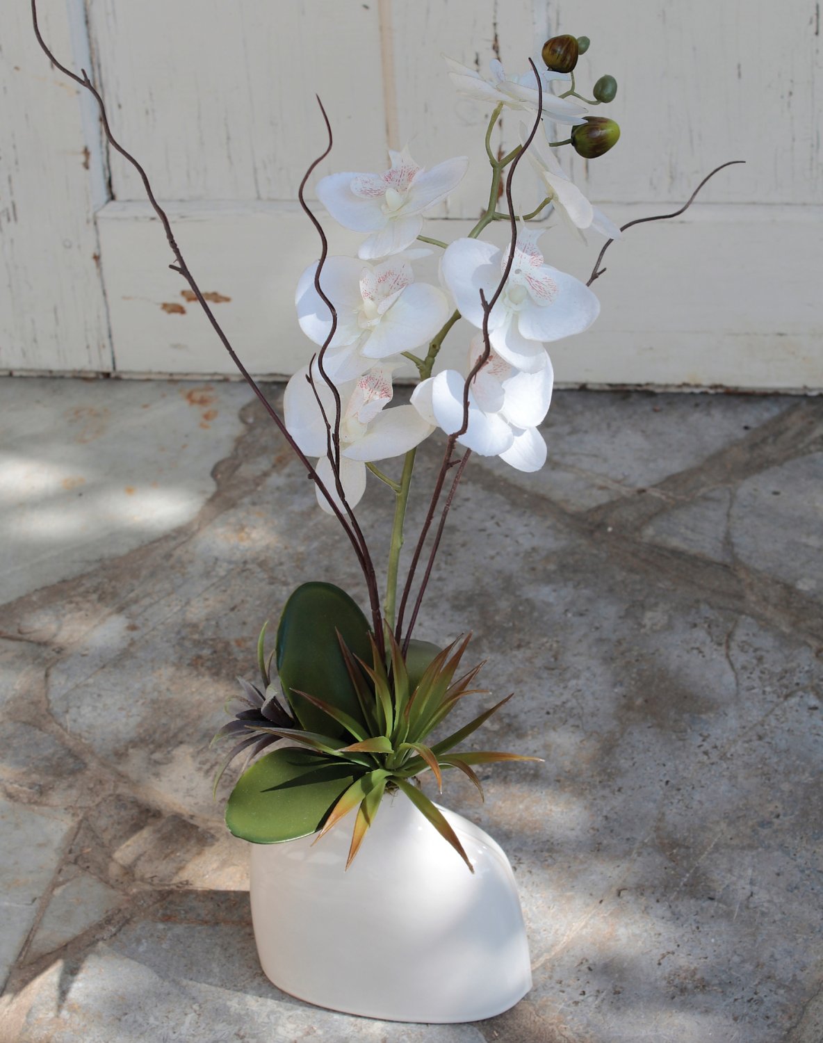 Künstliche Orchidee Phalaenopsis in Keramikflasche, 64 cm, creme-weiß